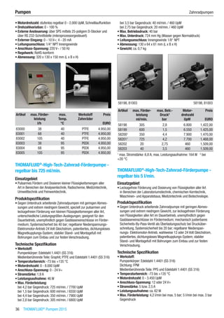 36  THOMAFLUID®
Pumpen 2015
Pumpen	 Zahnradpumpen
•	Motordrehzahl: stufenlos regelbar 0 - 2.000 UpM, Schnelllauffunktion
•	Drehzahlvariation: 0 - 100 %
•	Externe Ansteuerung: über SPS mittels 25-poligem D-Stecker und
über RS 232-Schnittstelle (mikroprozessorgesteuert)
•	Externer Eingang: 0 - 10 V=; 4 - 20 mA
•	Leitungsanschluss: 1/4“ NPT Innengewinde
•	Anschluss-Spannung: 220 V~ / 50 Hz
•	Regelwerk: RoHS-konform 
•	Abmessung: 320 x 130 x 150 mm (L x B x H)​​
Artikel max. Förder-
leistung
max.
Temp.
Werkstoff
Zahnräder
Preis
​ l/h °C ​ EURO
83000 38 40 PTFE 4.950,00
83001 68 40 PTFE 4.950,00
83002 105 40 PTFE 4.950,00
83003 38 95 PEEK 4.950,00
83004 68 95 PEEK 4.950,00
83005 105 95 PEEK 4.950,00
THOMAFLUID®
-High-Tech-Zahnrad-Förderpumpe -
regelbar bis 725 ml/min.
Einsatzgebiet
•	Pulsarmes Fördern und Dosieren kleiner Flüssigkeitsmengen aller
Art in Bereichen der Analysentechnik, Radiochemie, Medizintechnik,
Umwelttechnik und Feinwerktechnik.
Produktspezifikation
•	Gegen Unterdruck arbeitende Zahnradpumpen mit geringen Abmes-
sungen und extrem niedrigem Gewicht, speziell zur pulsarmen und
leckagefreien Förderung von kleinen Flüssigkeitsmengen aller Art,
unterschiedliche Leistungsgrößen-Auslegungen; geeignet für den
Dauerbetrieb, unempfindlich gegen Gasblaseneinschlüsse im Förder-
medium; Systemsicherheit bis 40 bar; regelbarer Niederspannungs-
Elektromotor-Antrieb 24 Volt Gleichstrom, patentiertes, dichtungsloses
Magnetkupplungs-System; stabiler Stand- und Montagefuß mit
Bohrungen zum Einbau und zur festen Verschraubung.
Technische Spezifikation
•	Werkstoff:
Pumpenkörper: Edelstahl 1.4401 (SS 316)
Medienberührende Teile: Graphit, PTFE und Edelstahl 1.4401 (SS 316)
•	Temperaturbereich: -73 bis +135 °C
•	Motordrehzahl: 0 - 8.000 UpM
•	Anschluss-Spannung: 0 - 24 V=
•	Stromstärke: 1,9 A
•	Leistungsaufnahme: 46 W
•	Max. Förderleistung:
bei 4,2 bar Gegendruck: 725 ml/min. / 7700 UpM
bei 1,5 bar Gegendruck: 600 ml/min. / 6550 UpM
bei 4,4 bar Gegendruck: 350 ml/min. / 7900 UpM
bei 2,8 bar Gegendruck: 305 ml/min. / 6800 UpM
bei 3,5 bar Gegendruck: 40 ml/min. / 460 UpM
bei 2,75 bar Gegendruck: 20 ml/min. / 460 UpM
•	Max. Betriebsdruck: 40 bar
•	Max. Unterdruck: 724 mm Hg (Wasser gegen Normaldruck)
•	Leitungsanschluss: Innengewinde 1/8“ NPT
•	Abmessung: 130 x 64 x 61 mm (L x B x H)
•	Gewicht: ca. 0,7 kg​​
58198, 81003 58198, 81003
Artikel max. Förder-
leistung
max. Betr.-
Druck2
Motor-
drehzahl
Preis
​ ml/min. bar UpM EURO
58198 305 2,8 6.800 1.422,00
58199 600 1,5 6.550 1.425,00
582001
350 4,4 7.900 1.470,00
582011
725 4,2 7.700 1.468,00
58202 20 2,75 460 1.509,00
58203 40 3,5 460 1.509,00
1
max. Stromstärke: 6,8 A; max. Leistungsaufnahme: 164 W   2
bei
+20 °C
THOMAFLUID®
-High-Tech-Zahnrad-Förderpumpe -
regelbar bis 5 l/min.
Einsatzgebiet
•	Leckagefreie Förderung und Dosierung von Flüssigkeiten aller Art
in Bereichen der Laboratoriumstechnik, chemischen Kerntechnik,
Maschinen- und Apparatebaus, Medizintechnik und Biotechnologie.
Produktspezifikation
•	Gegen Unterdruck arbeitende Zahnradpumpe mit geringen Abmes-
sungen und extrem niedrigem Gewicht, zur leckagefreien Förderung
von Flüssigkeiten aller Art im Dauerbetrieb, unempfindlich gegen
Gasblaseneinschlüsse im Fördermedium; mechanisch justierbares
Sicherheits-By-Pass-Ventil als Überlastungsschutz bei Drucküber-
schreitung, Systemsicherheit bis 20 bar; regelbarer Niederspan-
nungs- Elektromotor-Antrieb, wahlweise 12 oder 24 Volt Gleichstrom,
patentiertes, dichtungsloses Magnetkupplungs-System; stabiler
Stand- und Montagefuß mit Bohrungen zum Einbau und zur festen
Verschraubung.
Technische Spezifikation
•	Werkstoff:
Pumpenkörper: Edelstahl 1.4401 (SS 316)
Dichtung: FPM
Medienberührende Teile: PPS und Edelstahl 1.4401 (SS 316)
•	Temperaturbereich: -73 bis +135 °C
•	Motordrehzahl: 0 - 3.450 UpM
•	Anschluss-Spannung: 12 oder 24 V=
•	Stromstärke: 5 bzw. 2,5 A
•	Leistungsaufnahme: ca. 62 W
•	Max. Förderleistung: 4,2 l/min bei max. 5 bar; 5 l/min bei max. 3 bar
Gegendruck
 