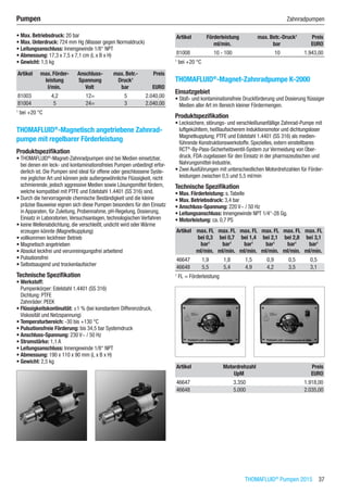 THOMAFLUID®
Pumpen 2015  37
Pumpen	 Zahnradpumpen
•	Max. Betriebsdruck: 20 bar
•	Max. Unterdruck: 724 mm Hg (Wasser gegen Normaldruck)
•	Leitungsanschluss: Innengewinde 1/8“ NPT
•	Abmessung: 17,3 x 7,5 x 7,1 cm (L x B x H)
•	Gewicht: 1,5 kg​​​
Artikel max. Förder-
leistung
Anschluss-
Spannung
max. Betr.-
Druck1
Preis
​ l/min. Volt bar EURO
81003 4,2 12= 5 2.040,00
81004 5 24= 3 2.040,00
1
bei +20 °C
THOMAFLUID®
-Magnetisch angetriebene Zahnrad-
pumpe mit regelbarer Förderleistung
Produktspezifikation
•	THOMAFLUID®
-Magnet-Zahnradpumpen sind bei Medien einsetzbar,
bei denen ein leck- und kontaminationsfreies Pumpen unbedingt erfor-
derlich ist. Die Pumpen sind ideal für offene oder geschlossene Syste-
me jeglicher Art und können jede außergewöhnliche Flüssigkeit, nicht
schmierende, jedoch aggressive Medien sowie Lösungsmittel fördern,
welche kompatibel mit PTFE und Edelstahl 1.4401 (SS 316) sind.
•	Durch die hervorragende chemische Beständigkeit und die kleine
präzise Bauweise eignen sich diese Pumpen besonders für den Einsatz
in Apparaten, für Zuleitung, Probennahme, pH-Regelung, Dosierung,
Einsatz in Laboratorien,Versuchsanlagen, technologischen Verfahren
•	keine Wellenabdichtung, die verschleißt, undicht wird oder Wärme
erzeugen könnte (Magnetkupplung)
•	vollkommen leckfreier Betrieb
•	Magnetisch angetrieben
•	Absolut leckfrei und verunreinigungsfrei arbeitend
•	Pulsationsfrei
•	Selbstsaugend und trockenlaufsicher
Technische Spezifikation
•	Werkstoff:
Pumpenkörper: Edelstahl 1.4401 (SS 316)
Dichtung: PTFE
Zahnräder: PEEK
•	Flüssigkeitskontinuität: ±1 % (bei konstantem Differenzdruck,
Viskosität und Netzspannung)
•	Temperaturbereich: -30 bis +130 °C
•	Pulsationsfreie Förderung: bis 34,5 bar Systemdruck
•	Anschluss-Spannung: 230 V~ / 50 Hz
•	Stromstärke: 1,1 A
•	Leitungsanschluss: Innengewinde 1/8“ NPT
•	Abmessung: 190 x 110 x 90 mm (L x B x H)
•	Gewicht: 2,5 kg​​
Artikel Förderleistung max. Betr.-Druck1
Preis
​ ml/min. bar EURO
81008 10 - 100 10 1.943,00
1
bei +20 °C
THOMAFLUID®
-Magnet-Zahnradpumpe K-2000
Einsatzgebiet
•	Stoß- und kontaminationsfreie Druckförderung und Dosierung flüssiger
Medien aller Art im Bereich kleiner Fördermengen.
Produktspezifikation
•	Lecksichere, störungs- und verschleißunanfällige Zahnrad-Pumpe mit
luftgekühltem, heißlaufsicherem Induktionsmotor und dichtungsloser
Magnetkupplung; PTFE und Edelstahl 1.4401 (SS 316) als medien-
führende Konstruktionswerkstoffe. Spezielles, extern einstellbares
RCT®
-By-Pass-Sicherheitsventil-System zur Vermeidung von Über-
druck. FDA-zugelassen für den Einsatz in der pharmazeutischen und
Nahrungsmittel-Industrie.
•	Zwei Ausführungen mit unterschiedlichen Motordrehzahlen für Förder-
leistungen zwischen 0,5 und 5,5 ml/min
Technische Spezifikation
•	Max. Förderleistung: s.Tabelle
•	Max. Betriebsdruck: 3,4 bar
•	Anschluss-Spannung: 220 V~ / 50 Hz
•	Leitungsanschluss: Innengewinde NPT 1/4“-28 Gg.
•	Motorleistung: ca. 0,7 PS
Artikel max. FL
bei 0,3
bar1
max. FL
bei 0,7
bar1
max. FL
bei 1,4
bar1
max. FL
bei 2,1
bar1
max. FL
bei 2,8
bar1
max. FL
bei 3,1
bar1
​ ml/min. ml/min. ml/min. ml/min. ml/min. ml/min.
46647 1,9 1,8 1,5 0,9 0,5 0,5
46648 5,5 5,4 4,9 4,2 3,5 3,1
1
FL = Förderleistung
Artikel Motordrehzahl Preis
​ UpM EURO
46647 3.350 1.918,00
46648 5.000 2.035,00
 
