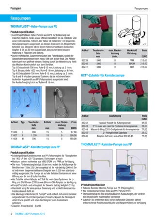 2  THOMAFLUID®
Pumpen 2015
Pumpen	 Fasspumpen
Fasspumpen
THOMAPLAST®
-Hebe-Pumpe aus PE
Produktspezifikation
•	Leicht handhabbare Hebe-Pumpe aus LDPE zur Entleerung von
Flaschen, Ballons,Tanks sowie offenen Behältern bis ca. 100 Liter und
einer Tiefe von max. 100 cm. Der Heber ist mit einem 1 m langen Be-
dienungsschlauch ausgerüstet, an dessen Ende sich ein Absperrhahn
befindet. Das Steigrohr ist mit einem höhenverstellbaren konischen
Stopfen Ø 35 bis 50 mm ausgerüstet, dies sichert eine bessere
Halterung in Flaschen und Ballons.
•	Durch mehrfaches Zusammendrücken des Faltenbalges, wobei der
Ablasshahn geschlossen sein muss, füllt sich dieser total. Der Ablass-
hahn kann nun geöffnet werden. Bedingt durch die Hebewirkung fließt
das Medium kontinuierlich aus dem Behälter.
Typ I: Eintauchtiefe 700 mm, Rohr-Ø 15 mm, Leistung ca. 5 l/min.
Typ II: Eintauchtiefe 1000 mm, Rohr-Ø 18 mm, Leistung ca. 9 l/min.
Typ III: Eintauchtiefe 700 mm, Rohr-Ø 15 mm, Leistung ca. 5 l/min.
Typ II und III erlauben genaues Dosieren, da sie mit einem leicht  
laufenden Kugelventil aus PP (Polypropylen) ausgerüstet sind.  
Der Auslauf verjüngt sich auf Außen-Ø 16 mm.​​
Artikel Typ Tauchrohr-
tiefe
Ø-Rohr max. Förder-
leistung
Preis
​ ​ mm mm l/min. EURO
11606 I 700 15 5 67,00
11607 II 1.000 18 9 190,00
11608 III 700 15 5 169,00
THOMAPLAST®
-Kanisterpumpe aus PP
Produktspezifikation
•	Leistungsfähige Kanisterpumpe aus PP (Polypropylen) für Flüssigkeiten
bis 1400 cP (bei +20 °C) geeignet. Dichtungen, je nach
•	Medium, stehen wahlweise aus NBR, EPDM und FPM zur Verfügung.
•	Die max. Förderleistung beträgt 8 Liter/min. wobei die Abfüllpumpe für
Behälter von 15 bis 220 Liter ausgelegt ist. Ihr Hub beträgt 200 ml. Sie
ist mit einem längenverstellbaren Steigrohr von 1.000 mm standard-
mäßig ausgerüstet. Die Pumpe ist auf alle Behälter/Container mit einer
Öffnung von 64 mm Ø aufschraubbar.
•	Als Zubehör stehen Adapter in 2 Zoll für »van-Leer-Systeme«, für L-
Ring und Stahlfässer (220 l) sowie 60-mm-DIN-Adapter zur Verfügung.
•	Pumpit®
ist stoß- und schlagfest; ihr Gewicht beträgt lediglich 310 g.
•	Das Ventil sorgt für eine genaue Dosierung und schließt ohne nachzu-
tropfen absolut dicht ab.
•	Die Montage ist kinderleicht. Pumpit®
wird einfach mit einem Handrad
aufgeschraubt. Durch Handpumpen (Pressdruck) wird die Flüssigkeit
unter Druck gesetzt und über das Steigrohr zum Auslasshahn
gefördert.
•	Zubehör:Artikel 83242 - 83246​​
Artikel Tauchrohr-
tiefe
max. Förder-
leistung
Werkstoff
Dichtung
Preis
​ mm l/min. ​ EURO
83239 1.000 8 FPM 215,00
83240 1.000 8 EPDM 215,00
83241 1.000 8 NBR 215,00
RCT®
-Zubehör für Kanisterpumpe​​
Artikel Ausführung Preis
​ ​ EURO
83242 Mauser Fasset für Außengewinde 31,00
83243 2“ tri-sure van Leer für Container-Innengewinde 26,00
83244 Mauser L-Ring 220 l-Großgebinde für Innengewinde 27,00
83245 2“-Feingewinde Stahlfass 26,00
83246 Adapter-Set best. aus Artikel 83242-45 77,00
THOMAPLAST®
-Kanister-Pumpe aus PP
Produktspezifikation
•	Robuste Kanister-Chemie-Pumpe aus PP (Polypropylen)
•	Alle medienberührenden Teile aus PP, FPM und PTFE
•	Standardmäßig mit fest anschraubbarem Auslaufbogen, der verdreh-
bar ist und somit Nachtropfen vermeidet
•	Zubehör: Bei entfernten bzw. höher stehenden Gebinden stehen
entsprechende Anschlussschläuche und Absperrhähne zur Verfügung
 