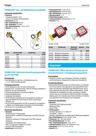 THOMAFLUID®
Pumpen 2015  5
Pumpen	 Fasspumpen
THOMAFLUID®
-Fass- und Behälterpumpe aus Edelstahl
Technische Spezifikation
•	Werkstoff:
Pumpwerk: Edelstahl 1.4571
Laufrad: ETFE (Ethylen-Tetrafluorethylen)
•	Tauchrohr-Ø: 28 mm
•	Max. Förderleistung: 68 l/min.
•	Max. Förderhöhe: 6,4 mWS
•	Max. Medientemperatur: -15 bis +90 °C
•	Gewicht: ca. 3,5 kg​​
Artikel Tauchrohrtiefe Ausführung Preis
​ mm ​ EURO
330332 500 A 1.176,00
330333 500 B 1.356,00
330334 700 A 1.176,00
330842 700 B 1.356,00
330843 1.000 A 1.248,00
330844 1.000 B 1.428,00
THOMAFLUID®
-Elektronik-Durchflussmengenzähler
aus PP oder PVDF
Einsatzgebiet
•	Durchflusszähler für alle Fass- und Behälterpumpen mit  
G 1 1/4“-Außen-Anschlussgewinde
Produktspezifikation
•	Breiter Messbereich, auch für kleine Volumenströme
•	Anzeige als Teil- und Gesamtmenge, wobei die Teilmenge rückstellbar ist
•	Messung nach dem Turbinenprinzip
•	Förderung dünnflüssiger, nicht brennbarer Medien
•	Einfache Nachkalibrierung
•	Langlebige Lithiumbatterie
•	Der Durchflussmengenzähler aus PP ist geeignet für neutrale und
aggressive Medien wie Eisen-III-Chlorid, Glykol, Phosphorsäure,
Salzsäure, usw.
•	Der Durchflussmengenzähler aus PVDF ist geeignet für hochaggressi-
ve Medien wie Chlorbleichlauge, Salpetersäure und Schwefelsäure
•	Die Pumpe ist in zwei Ausführungen erhältlich.
Technische Spezifikation
•	Werkstoff:
Gehäuseoberteil: PP (Polypropylen)
Gehäuseunterteil: wahlweise PP (Polypropylen) oder PVDF (Polyvinyli-
denfluorid)
Turbinenrad: wahlweise PP (Polypropylen) oder PVDF (Polyvinyl-
idenfluorid)
Folientastatur: PES (Polyethersulfon)
Welle und Lagerkugel: Hastelloy C4 (2.4620)
Dichtung: FPM (Fluorkautschuk)
•	Messbereich: 5 bis 90 l/min.
•	Temperaturbereich: -10 bis +50 °C
•	Viskositätsbereich: 0,8 bis 40 mPas
•	Max. Betriebsdruck: 4 bar bei +20 °C
•	Messgenauigkeit: ±1 %
•	Wiederholgenauigkeit: ±0,5 %
•	Leitungsanschluss: Außengewinde G 1 1/4“
•	Schutzart: IP 65​​
331564, 331565 331566, 331567
Artikel Ausführung Werkstoff
Pumpwerk
Gewicht Preis
​ ​ ​ kg EURO
331564 Montage an Fasspumpe PP 0,3 628,00
331565 Montage an Zapfpistole PP 0,3 628,00
331566 Montage an Fasspumpe PVDF 0,4 742,00
331567 Montage an Zapfpistole PVDF 0,4 742,00
Gaspumpen
THOMAFLUID®
-Mikro-Membran-Förderpumpe für
Gase bis 0,40 l/min. mit Niederspannungsantrieb
Einsatzgebiet
•	Förderung von Gasen, auch Reinstgasen in Bereichen der Medizin-
und Feinwerktechnik,Analysentechnik, Biotechnik, Umwelttechnik
Produktspezifikation
•	Miniaturisierte Membranpumpen zum ölfreien Fördern und Verdichten
von Luft und anderen, nicht aggressiven und kondensatfreien Gasen
sowie zum Evakuieren. Niederspannungs-Gleichstrommotor, einbau-
fertig, elektrischer Anschluss über Lötfahnen.Wartungsfreie, robuste
Konstruktion für Dauerbetrieb und lange Lebensdauer, medienbe-
rührende Teile aus verschleißarmen Polymerwerkstoffen. Einbaulage
beliebig, jedoch nicht anlaufend gegen Druck oder Vakuum. Förderleis-
tung regulierbar durch Drosselung an der Ansaugseite.
Technische Spezifikation
•	Werkstoff:
Pumpenkopf: PPS (Polyphenylensulfid)
Membrane: EPDM
Ventile: EPDM
•	Antriebssystem:
Anschluss-Spannung: 3; 5; 6 oder 9 V=
Stromstärke: <100 mA
Anschluss:vorbereitete Litze zumVerlöten oder für Niederspannungsstecker
•	Max. Förderleistung: 0,4 l/min. bei atm. Druck
•	Endvakuum: 500 - 600 mbar absolut
•	Max. Betriebsüberdruck: 150 mbar
•	Max. Umgebungstemperatur: +5 bis +40 °C
•	Leitungsanschluss: Stutzen, für Schläuche ID 3 mm
•	Abmessung: 32 x 27 x 17 mm (L x B x H)
•	Gewicht: 20 g​​
 