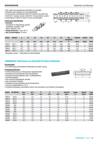 THOMADRIVE®
- 2016  97
Antriebstechnik	 Rollenketten und Kettenräder
•	Sehr sauber durch geschlossene Oberflächen am Innenglied.
•	Wesentlich höher belastbar als reine Kunststoffketten.
•	Zur Verwendung mit Kettenrädern DIN 8192 (Zahnform nach DIN 8196).
•	Größe 06 B-1 geraden Laschen, Größe 08 B-1 mit geschweiften Laschen.
•	Verkaufslänge 2,5 Meter am Stück mit einem Verschlussglied.
Technische Spezifikation
•	Werkstoff:
Innenglieder: PC (Polycarbonat), gespritzt
Außenglieder: Edelstahl 1.4301
Bolzen: Edelstahl 1.4301
•	Temperaturbereich: -10 bis +80 °C
•	Max. Geschwindigkeit: 70 m/min.​​
Artikel DIN ISO p b1 b2 b4 b72
d1 d3 min. 	
Bruchkraft
Gewicht Einheit Preis
​ ​ mm mm mm mm mm mm mm N kg/m Stück EURO
7000721
06 B-1 9,5 5,6 8,53 13,5 3,3 6,35 3,28 200 0,23 1 352,00
7000731
06 B-1 9,5 5,6 8,53 13,5 3,3 6,35 3,28 200 0,23 2 528,00
700074 08 B-1 12,7 7,75 11,3 17 3,9 8,51 4,45 430 0,4 1 334,00
700075 08 B-1 12,7 7,75 11,3 17 3,9 8,51 4,45 430 0,4 2 520,00
1
Mit geraden Laschen   2
Maximalwert am Verschlussglied
THOMADRIVE®
-Gleitschiene aus Kunststoff für Einfach-Rollenkette
Einsatzgebiet
•	Zur Unterstützung schnell laufender Rollenketten bei exakter Führung.
Produktspezifikation
•	Profilierte Gleitschiene aus reibungsarmem Spezialkunststoff.
•	Verringerung von Schwingungen und Geräuschbildung.
•	Geringerer Verschleiß gegenüber Stahl- und Metallschienen.
•	Gute Abriebfestigkeit.
•	Hohe chemische Beständigkeit, säurefest
•	Gute mechanische Festigkeit.
•	Schlagfest, korrosionsbeständig und schmutzabweisend
•	Thermische Beständigkeit bis +76 °C.
•	Empfohlene Befestigung: Gewindelöcher bohren und verschrauben (zum Verkleben nicht geeignet).​​
Artikel für DIN ISO für p für b B H h Gewicht Länge Einheit Preis
​ ​ mm mm mm mm mm kg/m m Stück EURO
700076 06 B-1 9,5 5,6 15 10 1,5 0,13 1 2 48,00
700077 06 B-1 9,5 5,6 15 10 1,5 0,13 1 6 96,00
700078 06 B-1 9,5 5,6 15 10 1,5 0,26 2 1 44,00
700079 06 B-1 9,5 5,6 15 10 1,5 0,26 2 3 99,00
700080 083 12,7 4,8 15 10 1,6 0,1 1 2 70,00
700081 083 12,7 4,8 15 10 1,6 0,1 1 6 144,00
700082 083 12,7 4,8 15 10 1,6 0,2 2 1 64,00
700083 083 12,7 4,8 15 10 1,6 0,2 2 3 144,00
700084 08 B-1 12,7 7,9 20 10 2,2 0,18 1 2 54,00
700085 08 B-1 12,7 7,9 20 10 2,2 0,18 1 6 114,00
700086 08 B-1 12,7 7,9 20 10 2,2 0,36 2 1 50,00
700087 08 B-1 12,7 7,9 20 10 2,2 0,36 2 3 111,00
 