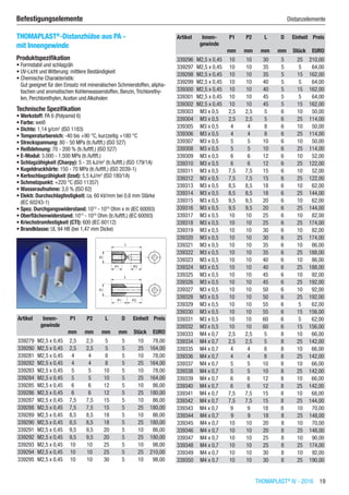 THOMAPLAST®
IV - 2016  19
Befestigungselemente	 Distanzelemente
THOMAPLAST®
-Distanzhülse aus PA -
mit Innengewinde
Produktspezifikation
•	Formstabil und schlagzäh
•	UV-Licht und Witterung: mittlere Beständigkeit
•	Chemische Charakteristik:
Gut geeignet für den Einsatz mit mineralischen Schmierstoffen, alipha-
tischen und aromatischen Kohlenwasserstoffen, Benzin,Trichlorethy-
len, Perchlorethylen,Aceton und Alkoholen
Technische Spezifikation
•	Werkstoff: PA 6 (Polyamid 6)
•	Farbe: weiß
•	Dichte: 1,14 g/cm3
(ISO 1183)
•	Temperaturbereich: -40 bis +90 °C, kurzzeitig +180 °C
•	Streckspannung: 80 - 50 MPa (tr./luftft.) (ISO 527)
•	Reißdehnung: 70 - 200 % (tr./luftft.) (ISO 527)
•	E-Modul: 3.000 - 1.500 MPa (tr./luftft.)
•	Schlagzähigkeit (Charpy): 5 - 35 kJ/m2
(tr./luftft.) (ISO 179/1A)
•	Kugeldruckhärte: 150 - 70 MPa (tr./luftft.) (ISO 2039-1)
•	Kerbschlagzähigkeit (Izod): 5,5 kJ/m2
(ISO 180/1A)
•	Schmelzpunkt: +220 °C (ISO 11357)
•	Wasseraufnahme: 3,0 % (ISO 62)
•	Elektr. Durchschlagfestigkeit: ca. 60 kV/mm bei 0,6 mm Stärke
(IEC 60243-1)
•	Spez. Durchgangswiderstand: 1013
- 1010
Ohm x m (IEC 60093)
•	Oberflächenwiderstand: 1013
- 1010
Ohm (tr./luftft.) (IEC 60093)
•	Kriechstromfestigkeit (CTI): 600 (IEC 60112)
•	Brandklasse: UL 94 HB (bei 1,47 mm Dicke)​​
Artikel Innen-
gewinde
P1 P2 L D Einheit Preis
​ ​ mm mm mm mm Stück EURO
339279 M2,5 x 0,45 2,5 2,5 5 5 10 78,00
339280 M2,5 x 0,45 2,5 2,5 5 5 25 164,00
339281 M2,5 x 0,45 4 4 8 5 10 78,00
339282 M2,5 x 0,45 4 4 8 5 25 164,00
339283 M2,5 x 0,45 5 5 10 5 10 78,00
339284 M2,5 x 0,45 5 5 10 5 25 164,00
339285 M2,5 x 0,45 6 6 12 5 10 86,00
339286 M2,5 x 0,45 6 6 12 5 25 180,00
339287 M2,5 x 0,45 7,5 7,5 15 5 10 86,00
339288 M2,5 x 0,45 7,5 7,5 15 5 25 180,00
339289 M2,5 x 0,45 8,5 8,5 18 5 10 86,00
339290 M2,5 x 0,45 8,5 8,5 18 5 25 180,00
339291 M2,5 x 0,45 9,5 9,5 20 5 10 86,00
339292 M2,5 x 0,45 9,5 9,5 20 5 25 180,00
339293 M2,5 x 0,45 10 10 25 5 10 98,00
339294 M2,5 x 0,45 10 10 25 5 25 210,00
339295 M2,5 x 0,45 10 10 30 5 10 98,00
Artikel Innen-
gewinde
P1 P2 L D Einheit Preis
​ ​ mm mm mm mm Stück EURO
339296 M2,5 x 0,45 10 10 30 5 25 210,00
339297 M2,5 x 0,45 10 10 35 5 5 64,00
339298 M2,5 x 0,45 10 10 35 5 15 162,00
339299 M2,5 x 0,45 10 10 40 5 5 64,00
339300 M2,5 x 0,45 10 10 40 5 15 162,00
339301 M2,5 x 0,45 10 10 45 5 5 64,00
339302 M2,5 x 0,45 10 10 45 5 15 162,00
339303 M3 x 0,5 2,5 2,5 5 6 10 50,00
339304 M3 x 0,5 2,5 2,5 5 6 25 114,00
339305 M3 x 0,5 4 4 8 6 10 50,00
339306 M3 x 0,5 4 4 8 6 25 114,00
339307 M3 x 0,5 5 5 10 6 10 50,00
339308 M3 x 0,5 5 5 10 6 25 114,00
339309 M3 x 0,5 6 6 12 6 10 52,00
339310 M3 x 0,5 6 6 12 6 25 122,00
339311 M3 x 0,5 7,5 7,5 15 6 10 52,00
339312 M3 x 0,5 7,5 7,5 15 6 25 122,00
339313 M3 x 0,5 8,5 8,5 18 6 10 62,00
339314 M3 x 0,5 8,5 8,5 18 6 25 144,00
339315 M3 x 0,5 9,5 9,5 20 6 10 62,00
339316 M3 x 0,5 9,5 9,5 20 6 25 144,00
339317 M3 x 0,5 10 10 25 6 10 82,00
339318 M3 x 0,5 10 10 25 6 25 174,00
339319 M3 x 0,5 10 10 30 6 10 82,00
339320 M3 x 0,5 10 10 30 6 25 174,00
339321 M3 x 0,5 10 10 35 6 10 86,00
339322 M3 x 0,5 10 10 35 6 25 188,00
339323 M3 x 0,5 10 10 40 6 10 86,00
339324 M3 x 0,5 10 10 40 6 25 188,00
339325 M3 x 0,5 10 10 45 6 10 92,00
339326 M3 x 0,5 10 10 45 6 25 192,00
339327 M3 x 0,5 10 10 50 6 10 92,00
339328 M3 x 0,5 10 10 50 6 25 192,00
339329 M3 x 0,5 10 10 55 6 5 62,00
339330 M3 x 0,5 10 10 55 6 15 156,00
339331 M3 x 0,5 10 10 60 6 5 62,00
339332 M3 x 0,5 10 10 60 6 15 156,00
339333 M4 x 0,7 2,5 2,5 5 8 10 66,00
339334 M4 x 0,7 2,5 2,5 5 8 25 142,00
339335 M4 x 0,7 4 4 8 8 10 66,00
339336 M4 x 0,7 4 4 8 8 25 142,00
339337 M4 x 0,7 5 5 10 8 10 66,00
339338 M4 x 0,7 5 5 10 8 25 142,00
339339 M4 x 0,7 6 6 12 8 10 66,00
339340 M4 x 0,7 6 6 12 8 25 142,00
339341 M4 x 0,7 7,5 7,5 15 8 10 68,00
339342 M4 x 0,7 7,5 7,5 15 8 25 144,00
339343 M4 x 0,7 9 9 18 8 10 70,00
339344 M4 x 0,7 9 9 18 8 25 148,00
339345 M4 x 0,7 10 10 20 8 10 70,00
339346 M4 x 0,7 10 10 20 8 25 148,00
339347 M4 x 0,7 10 10 25 8 10 90,00
339348 M4 x 0,7 10 10 25 8 25 174,00
339349 M4 x 0,7 10 10 30 8 10 92,00
339350 M4 x 0,7 10 10 30 8 25 190,00
 