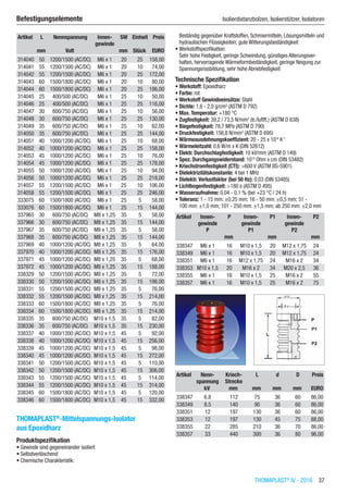 THOMAPLAST®
IV - 2016  37
Befestigungselemente	 Isolierdistanzbolzen, Isolierstützer, Isolatoren
Artikel L Nennspannung Innen-
gewinde
SW Einheit Preis
​ mm Volt ​ mm Stück EURO
314040 50 1200/1500 (AC/DC) M6 x 1 20 25 158,00
314041 55 1200/1500 (AC/DC) M6 x 1 20 10 74,00
314042 55 1200/1500 (AC/DC) M6 x 1 20 25 172,00
314043 60 1500/1800 (AC/DC) M6 x 1 20 10 80,00
314044 60 1500/1800 (AC/DC) M6 x 1 20 25 186,00
314045 25 400/500 (AC/DC) M6 x 1 25 10 50,00
314046 25 400/500 (AC/DC) M6 x 1 25 25 116,00
314047 30 600/750 (AC/DC) M6 x 1 25 10 56,00
314048 30 600/750 (AC/DC) M6 x 1 25 25 130,00
314049 35 600/750 (AC/DC) M6 x 1 25 10 62,00
314050 35 600/750 (AC/DC) M6 x 1 25 25 144,00
314051 40 1000/1200 (AC/DC) M6 x 1 25 10 68,00
314052 40 1000/1200 (AC/DC) M6 x 1 25 25 158,00
314053 45 1000/1200 (AC/DC) M6 x 1 25 10 76,00
314054 45 1000/1200 (AC/DC) M6 x 1 25 25 178,00
314055 50 1000/1200 (AC/DC) M6 x 1 25 10 94,00
314056 50 1000/1200 (AC/DC) M6 x 1 25 25 218,00
314057 55 1200/1500 (AC/DC) M6 x 1 25 10 106,00
314058 55 1200/1500 (AC/DC) M6 x 1 25 25 246,00
333075 60 1500/1800 (AC/DC) M6 x 1 25 5 58,00
333076 60 1500/1800 (AC/DC) M6 x 1 25 15 144,00
337965 30 600/750 (AC/DC) M8 x 1,25 35 5 58,00
337966 30 600/750 (AC/DC) M8 x 1,25 35 15 144,00
337967 35 600/750 (AC/DC) M8 x 1,25 35 5 58,00
337968 35 600/750 (AC/DC) M8 x 1,25 35 15 144,00
337969 40 1000/1200 (AC/DC) M8 x 1,25 35 5 64,00
337970 40 1000/1200 (AC/DC) M8 x 1,25 35 15 176,00
337971 45 1000/1200 (AC/DC) M8 x 1,25 35 5 68,00
337972 45 1000/1200 (AC/DC) M8 x 1,25 35 15 188,00
338329 50 1200/1500 (AC/DC) M8 x 1,25 35 5 72,00
338330 50 1200/1500 (AC/DC) M8 x 1,25 35 15 198,00
338331 55 1200/1500 (AC/DC) M8 x 1,25 35 5 76,00
338332 55 1200/1500 (AC/DC) M8 x 1,25 35 15 214,00
338333 60 1500/1800 (AC/DC) M8 x 1,25 35 5 76,00
338334 60 1500/1800 (AC/DC) M8 x 1,25 35 15 214,00
338335 35 600/750 (AC/DC) M10 x 1,5 35 5 82,00
338336 35 600/750 (AC/DC) M10 x 1,5 35 15 230,00
338337 40 1000/1200 (AC/DC) M10 x 1,5 45 5 92,00
338338 40 1000/1200 (AC/DC) M10 x 1,5 45 15 256,00
338339 45 1000/1200 (AC/DC) M10 x 1,5 45 5 98,00
338340 45 1000/1200 (AC/DC) M10 x 1,5 45 15 272,00
338341 50 1200/1500 (AC/DC) M10 x 1,5 45 5 110,00
338342 50 1200/1500 (AC/DC) M10 x 1,5 45 15 306,00
338343 55 1200/1500 (AC/DC) M10 x 1,5 45 5 114,00
338344 55 1200/1500 (AC/DC) M10 x 1,5 45 15 314,00
338345 60 1500/1800 (AC/DC) M10 x 1,5 45 5 120,00
338346 60 1500/1800 (AC/DC) M10 x 1,5 45 15 332,00
THOMAPLAST®
-Mittelspannungs-Isolator
aus Epoxidharz
Produktspezifikation
•	Gewinde sind gegeneinander isoliert
•	Selbstverlöschend
•	Chemische Charakteristik:
Beständig gegenüber Kraftstoffen, Schmiermitteln, Lösungsmitteln und
hydraulischen Flüssigkeiten; gute Witterungsbeständigkeit
•	Werkstoffspezifikation:
Sehr hohe Festigkeit, geringe Schwindung, günstiges Alterungsver-
halten, hervorragende Wärmeformbeständigkeit, geringe Neigung zur
Spannungsrissbildung, sehr hohe Abriebfestigkeit
Technische Spezifikation
•	Werkstoff: Epoxidharz
•	Farbe: rot
•	Werkstoff Gewindeeinsätze: Stahl
•	Dichte: 1,6 - 2,0 g/cm3
(ASTM D 792)
•	Max. Temperatur: +180 °C
•	Zugfestigkeit: 39,2 / 73,5 N/mm2
(tr./luftft.) (ASTM D 638)
•	Biegefestigkeit: 78,7 MPa (ASTM D 790)
•	Druckfestigkeit: 156,8 N/mm2
(ASTM D 695)
•	Wärmeausdehnungskoeffizient: 20 - 25 x 10-6
K-1
•	Wärmeleitzahl: 0,6 W/m x K (DIN 52612)
•	Elektr. Durchschlagfestigkeit: 10 kV/mm (ASTM D 149)
•	Spez. Durchgangswiderstand: 1014
Ohm x cm (DIN 53482)
•	Kriechstromfestigkeit (CTI): >600 V (ASTM BS-5901)
•	Dielektrizitätskonstante: 4 bei 1 MHz
•	Dielektr. Verlustfaktor (bei 50 Hz): 0,03 (DIN 53485)
•	Lichtbogenfestigkeit: >180 s (ASTM D 495)
•	Wasseraufnahme: 0,04 - 0,1 % (bei +23 °C / 24 h)
•	Toleranz: 1 - 15 mm: ±0,25 mm; 16 - 50 mm: ±0,5 mm; 51 -
100 mm: ±1,0 mm; 101 - 250 mm: ±1,5 mm; ab 250 mm: ±2,0 mm
Artikel Innen-
gewinde
P
P Innen-
gewinde
P1
P1 Innen-
gewinde
P2
P2
​ ​ mm ​ mm ​ mm
338347 M6 x 1 16 M10 x 1,5 20 M12 x 1,75 24
338349 M6 x 1 16 M10 x 1,5 20 M12 x 1,75 24
338351 M6 x 1 16 M12 x 1,75 24 M16 x 2 34
338353 M10 x 1,5 20 M16 x 2 34 M20 x 2,5 36
338355 M6 x 1 16 M10 x 1,5 25 M16 x 2 55
338357 M6 x 1 16 M10 x 1,5 25 M16 x 2 75
Artikel Nenn-
spannung
Kriech-
Strecke
L d D Preis
​ kV mm mm mm mm EURO
338347 6.8 112 75 36 60 86,00
338349 8.5 140 90 36 60 86,00
338351 12 197 130 36 60 86,00
338353 12 197 130 45 75 88,00
338355 22 285 210 36 70 86,00
338357 33 440 300 36 80 96,00
 