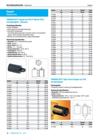 38  THOMAPLAST®
IV - 2016
Verschlusselemente - Elastomere	 Kappen
Verschlusselemente
Kappen
Elastomere
THOMAPLAST®
-Kappe aus PVC-P (Weich-PVC)
mit Abziehgriff - Standard
Produktspezifikation
•	Extrem abriebfest
•	Hervorragend für Gewindeanwendungen
•	Chemische Charakteristik:
Gute Beständigkeit gegenüber schwachen Säuren und schwachen
Laugen, sowie Lösungen anorganischer Salze
•	Wirkung von Sonneneinstrahlung: mäßige Beständigkeit
Technische Spezifikation
•	Werkstoff: PVC-P (Polyvinylchlorid, weich)
•	Farbe: schwarz
•	Shore-Härte A: 55° ±5°
•	Dichte: 1,17 - 1,20 g/cm3
•	Temperaturbereich: -29 bis +66 °C
•	Zugfestigkeit: 20 N/mm2
•	Längsdehnung: mind. 300 %
•	Weiterreißwiderstand: 3,5 kN/m
•	Dielektrizitätskonstante: 4,2 - 8 bei 50 Hz​​
Artikel d h Einheit Preis
​ mm mm Stück EURO
315046 5 23,5 25 38,00
315047 5 23,5 50 64,00
315048 6 25 25 38,00
315049 6 25 50 64,00
315050 7 24 25 38,00
315051 7 24 50 64,00
315052 8 24,5 25 48,00
315053 8 24,5 50 82,00
315054 9 25 25 48,00
315055 9 25 50 82,00
315056 10 29,5 10 26,00
315057 10 29,5 25 54,00
315058 11 29 10 26,00
315059 11 29 25 54,00
315060 12 29 10 26,00
315061 12 29 25 54,00
315062 13 29 10 32,00
315063 13 29 25 66,00
315064 14 28,5 10 32,00
315065 14 28,5 25 66,00
315066 15 29,5 10 34,00
315067 15 29,5 25 74,00
Artikel d h Einheit Preis
​ mm mm Stück EURO
315068 16 28 10 34,00
315069 16 28 25 74,00
315070 17 29,5 10 34,00
315071 17 29,5 25 74,00
315072 18 28,5 10 38,00
315073 18 28,5 25 80,00
315074 19 29,5 10 38,00
315075 19 29,5 25 80,00
315076 20 28,5 10 38,00
315077 20 28,5 25 80,00
315078 21 34,5 5 28,00
315079 21 34,5 15 68,00
315080 22 34 5 28,00
315081 22 34 15 68,00
315082 23 34,5 5 28,00
315083 23 34,5 15 68,00
315084 24 34 5 30,00
315085 24 34 15 72,00
315086 25 34,5 5 30,00
315087 25 34,5 15 72,00
315088 26 34,5 5 34,00
315089 26 34,5 15 86,00
315090 27 33,5 5 34,00
315091 27 33,5 15 86,00
315092 28 33,5 5 40,00
315093 28 33,5 15 98,00
315094 29 35 5 40,00
315095 29 35 15 98,00
315096 30 34,5 5 42,00
315097 30 34,5 15 108,00
THOMAPLAST®
-High-Therm-Kappe aus TPG
mit Abziehgriff
Einsatzgebiet
•	Fertigung,Transport, Lackierung, Feuchtigkeitsschutz
Technische Spezifikation
•	Werkstoff: TPG (Thermoplastisches Gummi)
•	Farbe: schwarz
•	Temperaturbereich: -40 bis +150 °C, kurzzeitig +180 °C; gutes
Heißluftalterungsverhalten bei +150 °C​​
Artikel d h Einheit Preis
​ mm mm Stück EURO
315700 5 23,5 25 52,00
 