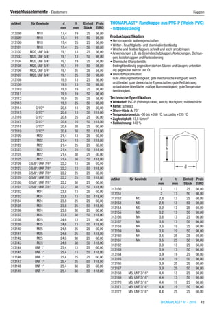 THOMAPLAST®
IV - 2016  43
Verschlusselemente - Elastomere	 Kappen
Artikel für Gewinde d h Einheit Preis
​ ​ mm mm Stück EURO
313098 M18 17,4 19 25 56,00
313099 M18 17,4 19 50 98,00
313100 M18 17,4 25 25 56,00
313101 M18 17,4 25 50 98,00
313102 M20, UNF 3/4“ 19,1 13 25 56,00
313103 M20, UNF 3/4“ 19,1 13 50 98,00
313104 M20, UNF 3/4“ 19,1 19 25 56,00
313105 M20, UNF 3/4“ 19,1 19 50 98,00
313106 M20, UNF 3/4“ 19,1 25 25 56,00
313107 M20, UNF 3/4“ 19,1 25 50 98,00
313108 ​ 19,9 13 25 56,00
313109 ​ 19,9 13 50 98,00
313110 ​ 19,9 19 25 56,00
313111 ​ 19,9 19 50 98,00
313112 ​ 19,9 25 25 56,00
313113 ​ 19,9 25 50 98,00
313114 G 1/2“ 20,6 13 25 60,00
313115 G 1/2“ 20,6 13 50 118,00
313116 G 1/2“ 20,6 25 25 60,00
313117 G 1/2“ 20,6 25 50 118,00
313118 G 1/2“ 20,6 38 25 60,00
313119 G 1/2“ 20,6 38 50 118,00
313120 M22 21,4 13 25 60,00
313121 M22 21,4 13 50 118,00
313122 M22 21,4 25 25 60,00
313123 M22 21,4 25 50 118,00
313124 M22 21,4 38 25 60,00
313125 M22 21,4 38 50 118,00
313126 G 5/8“, UNF 7/8“ 22,2 13 25 60,00
313127 G 5/8“, UNF 7/8“ 22,2 13 50 118,00
313128 G 5/8“, UNF 7/8“ 22,2 25 25 60,00
313129 G 5/8“, UNF 7/8“ 22,2 25 50 118,00
313130 G 5/8“, UNF 7/8“ 22,2 38 25 60,00
313131 G 5/8“, UNF 7/8“ 22,2 38 50 118,00
313132 M24 23,8 13 25 60,00
313133 M24 23,8 13 50 118,00
313134 M24 23,8 25 25 60,00
313135 M24 23,8 25 50 118,00
313136 M24 23,8 38 25 60,00
313137 M24 23,8 38 50 118,00
313138 M25 24,6 13 25 60,00
313139 M25 24,6 13 50 118,00
313140 M25 24,6 25 25 60,00
313141 M25 24,6 25 50 118,00
313142 M25 24,6 38 25 60,00
313143 M25 24,6 38 50 118,00
313144 UNF 1“ 25,4 13 25 60,00
313145 UNF 1“ 25,4 13 50 118,00
313146 UNF 1“ 25,4 25 25 60,00
313147 UNF 1“ 25,4 25 50 118,00
313148 UNF 1“ 25,4 38 25 60,00
313149 UNF 1“ 25,4 38 50 118,00
THOMAPLAST®
-Rundkappe aus PVC-P (Weich-PVC)
- hitzebeständig
Produktspezifikation
•	Hervorragende Isoliereigenschaften
•	Wetter-, Feuchtigkeits- und chemikalienbeständig
•	Weiche und flexible Kappen, schnell und leicht anzubringen
•	Anwendungen z.B. als Gewindeschutzkappen,Abdeckungen, Dichtun-
gen, Isolatorkappen und Farbcodierung
•	Chemische Charakteristik:
Bedingt beständig gegenüber starken Säuren und Laugen; unbestän-
dig gegenüber Benzin und Öl.
•	Werkstoffspezifikation:
Gute Alterungsbeständigkeit; gute mechanische Festigkeit, weich
und flexibel; gute dielektrische Eigenschaften; gute Reißdehnung;
antiadhäsive Oberfläche; mäßige Flammwidrigkeit; gute Temperatur-
beständigkeit.
Technische Spezifikation
•	Werkstoff: PVC-P (Polyvinylchlorid, weich), Hochglanz, mittlere Härte
•	Farbe: schwarz
•	Shore-Härte A: 70°
•	Temperaturbereich: -30 bis +200 °C, kurzzeitig +220 °C
•	Zugfestigkeit: 13,8 N/mm2
•	Reißdehnung: 440 %​​
Artikel für Gewinde d h Einheit Preis
​ ​ mm mm Stück EURO
313150 ​ 2 13 25 60,00
313151 ​ 2 13 50 98,00
313152 M3 2,8 13 25 60,00
313153 M3 2,8 13 50 98,00
313154 M3 3,2 13 25 60,00
313155 M3 3,2 13 50 98,00
313156 M4 3,6 13 25 60,00
313157 M4 3,6 13 50 98,00
313158 M4 3,6 19 25 60,00
313159 M4 3,6 19 50 98,00
313160 M4 3,6 25 25 60,00
313161 M4 3,6 25 50 98,00
313162 ​ 3,9 13 25 60,00
313163 ​ 3,9 13 50 98,00
313164 ​ 3,9 19 25 60,00
313165 ​ 3,9 19 50 98,00
313166 ​ 3,9 25 25 60,00
313167 ​ 3,9 25 50 98,00
313168 M5, UNF 3/16“ 4,4 13 25 60,00
313169 M5, UNF 3/16“ 4,4 13 50 98,00
313170 M5, UNF 3/16“ 4,4 19 25 60,00
313171 M5, UNF 3/16“ 4,4 19 50 98,00
313172 M5, UNF 3/16“ 4,4 25 25 60,00
 