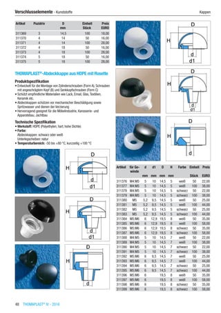 48  THOMAPLAST®
IV - 2016
Verschlusselemente - Kunststoffe	 Kappen
Artikel Pozidriv D Einheit Preis
​ ​ mm Stück EURO
311369 3 14,5 100 18,00
311370 4 14 50 16,00
311371 4 14 100 28,00
311372 4 18 50 16,00
311373 4 18 100 28,00
311374 5 18 50 16,00
311375 5 18 100 28,00
THOMAPLAST®
-Abdeckkappe aus HDPE mit Rosette
Produktspezifikation
•	Entwickelt für die Montage von Zylinderschrauben (Form A), Schrauben
mit angeschrägtem Kopf (B) und Senkkopfschrauben (Form C)
•	Schützt empfindliche Materialien wie Lack, Email, Glas,Textilien,
Keramik etc.
•	Abdeckkappen schützen vor mechanischer Beschädigung sowie
Spritzwasser und dienen der Verzierung
•	Hervorragend geeignet für die Möbelindustrie, Karosserie- und
Apparatebau, Jachtbau
Technische Spezifikation
•	Werkstoff: HDPE (Polyethylen, hart, hohe Dichte)
•	Farbe:
Abdeckkappen: schwarz oder weiß
Unterlegscheiben: natur
•	Temperaturbereich: -50 bis +80 °C, kurzzeitig +100 °C​​
Artikel für Ge-
winde
d d1 D H Farbe Einheit Preis
​ ​ mm mm mm mm ​ Stück EURO
311376 M4:M5 5 10 14,5 5 weiß 50 22,00
311377 M4:M5 5 10 14,5 5 weiß 100 38,00
311378 M4:M5 5 10 14,5 5 schwarz 50 22,00
311379 M4:M5 5 10 14,5 5 schwarz 100 38,00
311380 M5 5,2 9,5 14,5 5 weiß 50 25,00
311381 M5 5,2 9,5 14,5 5 weiß 100 44,00
311382 M5 5,2 9,5 14,5 5 schwarz 50 25,00
311383 M5 5,2 9,5 14,5 5 schwarz 100 44,00
311384 M5:M6 6 12,9 19,5 8 weiß 50 35,00
311385 M5:M6 6 12,9 19,5 8 weiß 100 58,00
311386 M5:M6 6 12,9 19,5 8 schwarz 50 35,00
311387 M5:M6 6 12,9 19,5 8 schwarz 100 58,00
311388 M4:M5 5 10 14,5 7 weiß 50 22,00
311389 M4:M5 5 10 14,5 7 weiß 100 38,00
311390 M4:M5 5 10 14,5 7 schwarz 50 22,00
311391 M4:M5 5 10 14,5 7 schwarz 100 38,00
311392 M5:M6 6 9,5 14,5 7 weiß 50 25,00
311393 M5:M6 6 9,5 14,5 7 weiß 100 44,00
311394 M5:M6 6 9,5 14,5 7 schwarz 50 25,00
311395 M5:M6 6 9,5 14,5 7 schwarz 100 44,00
311396 M5:M6 6 ​ 19,5 8 weiß 50 35,00
311397 M5:M6 6 ​ 19,5 8 weiß 100 58,00
311398 M5:M6 6 ​ 19,5 8 schwarz 50 35,00
311399 M5:M6 6 ​ 19,5 8 schwarz 100 58,00
 