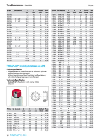 50  THOMAPLAST®
IV - 2016
Verschlusselemente - Kunststoffe	 Kappen
Artikel für Gewinde d h Einheit Preis
​ ​ mm mm Stück EURO
333743 ​ 51,6 16 25 54,00
333744 ​ 51,6 16 50 80,00
333745 R 1 3/4“ 52,5 30 25 52,00
333746 R 1 3/4“ 52,5 30 50 88,00
333747 ​ 56,7 19 25 44,00
333748 ​ 56,7 19 50 77,00
333749 R 2“ 59,7 30 25 52,00
333752 R 2“ 59,7 0 50 88,00
11954 R 2“ 60 26 25 52,00
333753 ​ 69,8 25 10 30,00
333754 ​ 69,8 25 25 60,00
333755 R 2 1/2“ 75,5 35 10 26,00
333756 R 2 1/2“ 75,5 35 25 52,00
333757 ​ 75,8 18 10 26,00
333758 ​ 75,8 18 25 52,00
11955 R 2 1/2“ 76 28 10 26,00
333759 ​ 79,8 25 10 32,00
333760 ​ 79,8 25 25 64,00
333761 R 3“ 88,4 36 10 28,00
333762 R 3“ 88,4 36 25 60,00
11956 R 3“ 90 29 10 28,00
333765 ​ 101,8 23,5 10 28,00
333766 ​ 101,8 23,5 25 60,00
THOMAPLAST®
-Gewindeschutzkappe aus LDPE
Produktspezifikation
•	Diese Kappen werden in allen Bereichen der Automobil-, Hydraulik-
und Maschinenbauindustrie eingesetzt.
•	Schützen Gewindeteile vor Staub, Feuchtigkeit und Beschädigung
während der Fertigung, Lagerung und beim Transport
Technische Spezifikation
•	Werkstoff: LDPE (Polyethylen, weich, niedrige Dichte)
•	Farbe: rot​​
Artikel für Gewinde D H h Einheit Preis
​ ​ mm mm mm Stück EURO
315432 M8 x 1 9,9 10 7 25 36,00
315433 M8 x 1 9,9 10 7 50 62,00
315434 M10 x 1 11,9 10 7,5 25 36,00
315435 M10 x 1 11,9 10 7,5 50 62,00
315436 M12 x 1 13,8 12 9,5 25 36,00
315437 M12 x 1 13,8 12 9,5 50 62,00
315438 M12 x 1,5 14 12 9,5 25 42,00
315439 M12 x 1,5 14 12 9,5 50 72,00
315440 M14 x 1,5 15,9 12 9,5 25 42,00
Artikel für Gewinde D H h Einheit Preis
​ ​ mm mm mm Stück EURO
315441 M14 x 1,5 15,9 12 9,5 50 72,00
315442 M14 x 1,5 15,6 21 9 25 42,00
315443 M14 x 1,5 15,6 21 9 50 72,00
315444 M16 x 1,5 17,9 12 9,5 25 42,00
315445 M16 x 1,5 17,9 12 9,5 50 72,00
315446 M16 x 1,5 18 21 9 25 42,00
315447 M16 x 1,5 18 21 9 50 72,00
315448 M18 x 1,5 19,7 14 9,5 25 48,00
315449 M18 x 1,5 19,7 14 9,5 50 80,00
315450 M20 x 1,5 21,9 14 9,5 25 48,00
315451 M20 x 1,5 21,9 14 9,5 50 80,00
315452 M22 x 1,5 24,3 13,8 11,5 10 28,00
315453 M22 x 1,5 24,3 13,8 11,5 25 58,00
315454 M22 x 1,5 24,4 24,5 17,5 10 28,00
315455 M22 x 1,5 24,4 24,5 17,5 25 58,00
315456 M24 x 1,5 26,2 14 11,5 10 28,00
315457 M24 x 1,5 26,2 14 11,5 25 58,00
315458 M25 x 1,5 27,2 14 11,5 10 34,00
315459 M25 x 1,5 27,2 14 11,5 25 70,00
315460 M26 x 1,5 28,3 14 11,5 10 34,00
315461 M26 x 1,5 28,3 14 11,5 25 70,00
315462 M28 x 1,5 32 14 12,4 10 34,00
315463 M28 x 1,5 32 14 12,4 25 70,00
315464 M30 x 2 34 14 11,5 10 34,00
315465 M30 x 2 34 14 11,5 25 70,00
315466 M36 x 2 38,8 16 13,5 10 40,00
315467 M36 x 2 38,8 16 13,5 25 84,00
315468 M42 x 2 44,5 16 13,5 10 48,00
315469 M42 x 2 44,5 16 13,5 25 102,00
315470 M52 x 2 54,7 16 13,5 10 56,00
315471 M52 x 2 54,7 16 13,5 25 118,00
315472 G 1/8“ 11,8 12 6,5 50 50,00
315473 G 1/8“ 11,8 12 6,5 100 86,00
315474 G 1/4“ 14,8 11 8 50 54,00
315475 G 1/4“ 14,8 11 8 100 90,00
315476 G 3/8“ 18,7 11,3 7,4 50 58,00
315477 G 3/8“ 18,7 11,3 7,4 100 98,00
315478 G 1/2“ 23,2 13,5 7 25 36,00
315479 G 1/2“ 23,2 13,5 7 50 62,00
315480 G 5/8“ 25,4 15,7 10 25 42,00
315481 G 5/8“ 25,4 15,7 10 50 70,00
315482 G 3/4“ 29,4 17,7 11,2 25 46,00
315483 G 3/4“ 29,4 17,7 11,2 50 78,00
315484 G 7/8“ 32,4 19,5 12,5 10 26,00
315485 G 7/8“ 32,4 19,5 12,5 25 54,00
315486 G 1“ 36 19 14,5 10 28,00
315487 G 1“ 36 19 14,5 25 60,00
315488 G 1 1/4“ 44,4 19,8 13 10 36,00
315489 G 1 1/4“ 44,4 19,8 13 25 78,00
315490 G 1 1/2“ 50,3 20,5 14 10 42,00
315491 G 1 1/2“ 50,3 20,5 14 25 88,00
315492 G 2“ 61,9 21 15 5 32,00
315493 G 2“ 61,9 21 15 15 82,00
315494 G 2 1/4“ 71,5 25 17,5 5 42,00
315495 G 2 1/4“ 71,5 25 17,5 15 108,00
 