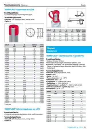 THOMAPLAST®
IV - 2016  51
Verschlusselemente - Elastomere	 Stopfen
THOMAPLAST®
-Rippenkappe aus LDPE
Produktspezifikation
•	Schnellmontagekappe mit innenliegenden Rippen
Technische Spezifikation
•	Werkstoff: LDPE (Polyethylen, weich, niedrige Dichte)
•	Farbe: rot​​
Artikel d h Einheit Preis
​ mm mm Stück EURO
315398 10,2 16 50 36,00
315399 10,2 16 100 60,00
315400 12 16 50 36,00
315401 12 16 100 60,00
315402 15 19,5 50 54,00
315403 15 19,5 100 92,00
315404 16 20 50 54,00
315405 16 20 100 92,00
315406 18 20 25 44,00
315407 18 20 50 74,00
315408 20 20 25 44,00
315409 20 20 50 74,00
315410 22 20 25 54,00
315411 22 20 50 92,00
315412 25 20 25 54,00
315413 25 20 50 92,00
315414 28 26,5 10 28,00
315415 28 26,5 25 58,00
315416 30 26,5 10 28,00
315417 30 26,5 25 58,00
315418 35 26,5 10 34,00
315419 35 26,5 25 74,00
315420 38 27 10 36,00
315421 38 27 25 76,00
315422 54 27,8 5 40,00
315423 54 27,8 15 100,00
3154241
110 34,6 5 98,00
3154251
110 34,6 15 212,00
1
LDPE gelb
THOMAPLAST®
-Schmiernippelkappe aus LDPE
Produktspezifikation
•	Wirksame, kostengünstige Methode zum Schutz von Schmiernippeln
Technische Spezifikation
•	Werkstoff: LDPE (Polyethylen, weich, niedrige Dichte)
•	Farbe: rot​​
Artikel d d1 L h Einheit Preis
​ mm mm mm mm Stück EURO
315150 6 6,4 29,5 8,3 50 46,00
315151 6 6,4 29,5 8,3 100 78,00
315152 6,3 6,2 11,6 5,2 50 46,00
315153 6,3 6,2 11,6 5,2 100 78,00
Stopfen
Elastomere
THOMAPLAST®
-Tüllenfuß aus PVC-P (Weich-PVC)
Produktspezifikation
•	Ideal zum Einsatz an Gehäusen
•	Einfache Einschubpassung in gestanzte oder gebohrte Löcher
•	Chemische Charakteristik: Gute Beständigkeit gegenüber schwachen
Säuren und schwachen Laugen,Widerstand gegen UV-Strahlung: Gute
Beständigkeit
Technische Spezifikation
•	Werkstoff: PVC-P (Polyvinylchlorid, weich)
•	Farbe: schwarz
•	Dichte: 1,38 g/cm3
•	Temperaturbereich: -5 bis +65 °C
•	Shore-Härte D: 65° - 75°
•	Zugfestigkeit: 55 - 75 N/mm2
(DIN 53455)
•	Reißdehnung: 10 - 20 % (DIN 53455)
•	Kugeldruckhärte (10 sec-Wert): 75 - 155 N/mm2
(DIN 53456)
•	Gleitreibungskoeffizient geg. Stahl (tr.): ca. 0,6
•	Brandklasse: UL 94 HB - V-0
Artikel h h1 h2 H
​ mm mm mm mm
316000 ​ 0,8 3,2 6,5
316001 ​ 0,8 3,2 6,5
316002 ​ 1,6 2,7 7
316003 ​ 1,6 2,7 7
316004 ​ 1,6 3,2 7,5
316005 ​ 1,6 3,2 7,5
316006 ​ 1,6 2 7,6
316007 ​ 1,6 2 7,6
316008 ​ 1,5 5 9,7
316009 ​ 1,5 5 9,7
316010 3,5 3,2 1,6 8,3
316011 3,5 3,2 1,6 8,3
316012 3 1,6 2,4 7
316013 3 1,6 2,4 7
 