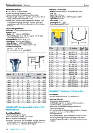 54  THOMAPLAST®
IV - 2016
Verschlusselemente - Elastomere	 Stopfen
Produktspezifikation
•	Schützt Teile mit und ohne Gewinde
•	Praktische Zuglasche zum leichten Ausbau
•	Ideal einsetzbar im Bereich Hydraulik und Maschinenbau
•	Sehr gute bis gute Beständigkeit gegenüber schwachen und starken
Laugen sowie schwachen und starken Säuren.
•	Hervorragende Resistenz gegen Umwelteinflüsse (Witterung, Ozon),
ungiftig, dampfsterilisierbar, geeignet für Geräusch- und Schwin-
gungsdämpfung, gute Dichtung (vor Schmutz, Umwelteinwirkungen,
Leckagen)
Technische Spezifikation
•	Werkstoff: TPG (Thermoplastisches Gummi)
•	Farbe: schwarz
•	Dichte: 0,97 - 1,08 g/cm3
(ASTM D 297)
•	Temperaturbereich: -40 bis +135 °C, kurzzeitig +150 °C; gutes
Heißluftalterungsverhalten bis +150 °C
•	Reißfestigkeit: 4 - 16 MPa (ASTM D 412)
•	Reißdehnung: 300 - 550 % (ASTM D 412)
•	Biege-E-Modul: 7 - 103 MPa (ASTM D 790)
•	Weiterreißwiderstand: 18 - 50 kN/m (ASTM D 624)
•	Druckverformungsrest:
bei +25 °C / 22 h: 10 - 35 %
bei +100 °C / 22 h: 15 - 55 % (ASTM D 95)​​
Artikel D d h für
Gewinde
L Einheit Preis
​ mm mm mm ​ mm Stück EURO
314339 15 7,5 8 M8 25,3 25 34,00
314340 15 7,5 8 M8 25,3 50 56,00
314342 17 9,5 8 M10 27,3 25 38,00
314343 17 9,5 8 M10 27,3 50 64,00
314345 17 11,5 8 M12 28,3 25 38,00
314346 17 11,5 8 M12 28,3 50 64,00
314347 21 13 10 M14 31 10 20,00
314348 21 13 10 M14 31 25 44,00
314350 23 15,5 10 M16 33,3 10 20,00
314351 23 15,5 10 M16 33,3 25 44,00
314353 26 17 10 M18 35,5 10 22,00
314354 26 17 10 M18 35,5 25 46,00
THOMAPLAST®
-Flexiplug aus PVC-P (Weich-PVC) -
hochtemperatur
Produktspezifikation
•	Flexibler Hochtemperatur-Stopfen
•	Hoher Schutz, ohne zu brechen oder zu reißen
•	Für Hochtemperaturanwendungen
•	Chemische Charakteristik: Gute Beständigkeit gegenüber starken und
schwachen Säuren sowie schwachen Laugen, unter Einwirkung von
Sonneneinstrahlung nur mittelmäßige Beständigkeit
Technische Spezifikation
•	Werkstoff: Hochtemperatur-PVC-P (Polyvinylchlorid, weich)
•	Farbe: gelb
•	Dichte: 1,35 - 1,38 g/cm3
•	Temperaturbereich: -29 bis +200 °C, kurzzeitig +230 °C
•	Zugfestigkeit: 16 N/mm2
•	Shore-Härte A: 83 - 93°
•	Längsdehnung: 225 - 275 %
•	Weiterreißwiderstand: 3,15 kN/m​​
Artikel d d1 für Gewinde Einheit Preis
​ mm mm ​ Stück EURO
315564 7,2 4,4 M8, UNF 5/16“ 25 60,00
315565 7,2 4,4 M8, UNF 5/16“ 50 104,00
315566 9,1 6,4 M10, UNF 3/8“ 25 70,00
315567 9,1 6,4 M10, UNF 3/8“ 50 120,00
315568 10,3 7,5 UNF 7/16“ 25 80,00
315569 10,3 7,5 UNF 7/16“ 50 136,00
315572 13,5 10,7 M14, UNF 9/16“ 10 48,00
315573 13,5 10,7 M14, UNF 9/16“ 25 102,00
315574 15,4 12,6 M16, UNF 5/8“ 10 56,00
315575 15,4 12,6 M16, UNF 5/8“ 25 120,00
315576 19,1 16,3 M20, UNF 3/4“ 10 66,00
315577 19,1 16,3 M20, UNF 3/4“ 25 140,00
315578 21,6 18,8 M24, UNF 1“ 10 74,00
315579 21,6 18,8 M24, UNF 1“ 25 156,00
315580 25,8 23 M27, UNF 11/16“ 10 92,00
315581 25,8 23 M27, UNF 11/16“ 25 190,00
315582 30,2 27,4 M33, UNF 13/16“ 10 128,00
315583 30,2 27,4 M33, UNF 13/16“ 25 272,00
THOMAPLAST®
-Stopfen aus TPG - flanschlos
Einsatzgebiet
•	Fertigung, Lackierung,Transport, Feuchtigkeitsschutz
Produktspezifikation
•	Hitzebeständige Maskierungsstopfen
•	Schützt die Bohrung, ohne die umgebende Fläche abzudecken
•	Konischer Schaft mit ausgehöhltem Kern
•	Jeder Stopfen ist für mehrere Gewindegrößen einsetzbar
•	Chemische Charakteristik:
Sehr gute bis gute Beständigkeit gegenüber schwachen und starken
Laugen sowie schwachen und starken Säuren.
•	Werkstoffspezifikation:
Hervorragende Resistenz gegen Umwelteinflüsse (Witterung, Ozon),
ungiftig, dampfsterilisierbar, geeignet für Geräusch- und Schwin-
gungsdämpfung, gute Dichtung (vor Schmutz, Umwelteinwirkungen,
Leckagen)
 