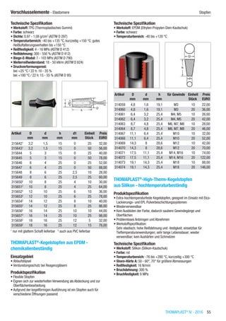 THOMAPLAST®
IV - 2016  55
Verschlusselemente - Elastomere	 Stopfen
Technische Spezifikation
•	Werkstoff: TPG (Thermoplastisches Gummi)
•	Farbe: schwarz
•	Dichte: 0,97 - 1,08 g/cm3
(ASTM D 297)
•	Temperaturbereich: -40 bis +135 °C, kurzzeitig +150 °C; gutes
Heißluftalterungsverhalten bis +150 °C
•	Reißfestigkeit: 4 - 16 MPa (ASTM D 412)
•	Reißdehnung: 300 - 550 % (ASTM D 412)
•	Biege-E-Modul: 7 - 103 MPa (ASTM D 790)
•	Weiterreißwiderstand: 18 - 50 kN/m (ASTM D 624)
•	Druckverformungsrest:
bei +25 °C / 22 h: 10 - 35 %
bei +100 °C / 22 h: 15 - 55 % (ASTM D 95)​​
Artikel D d h d1 Einheit Preis
​ mm mm mm mm Stück EURO
3156421
3,2 1,5 15 0 25 32,00
3156431
3,2 1,5 15 0 50 56,00
315644 5 3 15 0 25 40,00
315645 5 3 15 0 50 78,00
315646 6 4 25 0 25 52,00
315647 6 4 25 0 50 88,00
315648 8 6 25 2,5 10 28,00
315649 8 6 25 2,5 25 60,00
3156502
10 8 25 4 10 30,00
3156512
10 8 25 4 25 64,00
3156522
12 10 25 6 10 36,00
3156532
12 10 25 6 25 78,00
3156542
14 12 25 8 10 40,00
3156552
14 12 25 8 25 86,00
3156562
16 14 25 10 10 44,00
3156572
16 14 25 10 25 98,00
3156582
18 16 25 12 5 32,00
3156592
18 16 25 12 15 76,00
1
nur mit glattem Schaft lieferbar 2
auch aus PVC lieferbar
THOMAPLAST®
-Kegelstopfen aus EPDM -
chemikalienbeständig
Einsatzgebiet
•	Ablaufstöpsel
•	Verdunstungsschutz bei Reagenzgläsern
Produktspezifikation
•	Flexible Stopfen
•	Eignen sich zur wiederholten Verwendung als Abdeckung und zur
Oberflächenbearbeitung
•	Aufgrund der kegelförmigen Ausführung ist ein Stopfen auch für
verschiedene Öffnungen passend
Technische Spezifikation
•	Werkstoff: EPDM (Ethylen-Propylen-Dien-Kautschuk)
•	Farbe: schwarz
•	Temperaturbereich: -40 bis +120 °C​​
Artikel D d h für Gewinde Einheit Preis
​ mm mm mm ​ Stück EURO
314059 4,8 1,6 19,1 M3 10 22,00
314060 4,8 1,6 19,1 M3 20 36,00
314061 6,4 3,2 25,4 M4, M5 10 26,00
314062 6,4 3,2 25,4 M4, M5 20 42,00
314063 8,7 4,8 25,4 M6, M7, M8 10 28,00
314064 8,7 4,8 25,4 M6, M7, M8 20 46,00
314067 11,1 6,4 25,4 M10 10 32,00
314068 11,1 6,4 25,4 M10 20 52,00
314069 14,3 8 28,6 M12 10 42,00
314070 14,3 8 28,6 M12 20 70,00
314071 17,5 11,1 25,4 M14, M16 10 74,00
314072 17,5 11,1 25,4 M14, M16 20 122,00
314073 19,1 14,3 25,4 M18 10 88,00
314074 19,1 14,3 25,4 M18 20 146,00
THOMAPLAST®
-High-Therm-Kegelstopfen
aus Silikon - hochtemperaturbeständig
Produktspezifikation
•	Extra-hochtemperaturfeste Kegelstopfen, geeignet im Einsatz mit Elco-
Lackierungs- und EPL Pulverbeschichtungssystemen
•	Wiederverwendbar
•	Kein Ausbluten der Farbe, dadurch saubere Gewindegänge und
Oberflächen
•	Problemloses Anbringen und Abnehmen
•	Werkstoffspezifikation:
Sehr elastisch; hohe Reißdehnung und -festigkeit; einsetzbar für
Tieftemperaturanwendungen; sehr lange Lebensdauer; wieder
verwendbar; kein Aushärten und Schmelzen
Technische Spezifikation
•	Werkstoff: Silikon (Silikon-Kautschuk)
•	Farbe: rot
•	Temperaturbereich: -76 bis +280 °C, kurzzeitig +300 °C
•	Shore-Härte A: 50 - 60°, 70° für größere Abmessungen
•	Reißfestigkeit: 16 N/mm
•	Bruchdehnung: 300 %
•	Bruchfestigkeit: 6 MPa​​
 
