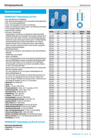THOMAPLAST®
IV - 2016  3
Befestigungselemente	 Distanzelemente
Distanzelemente
THOMAPLAST®
-Distanzhülsen aus PA 6
•	Sehr gute Alternative zu Metallteilen
•	Sehr weites Anwendungsgebiet durch universelle Einsatzmöglichkeiten
•	Stoß- und schwingungsdämpfend
•	Leicht, schwingungsfest und einfach in der Wartung
•	Wegen ihrer dielektrischen Eigenschaften in der Elektronik sehr beliebt
•	In den gängigsten Maßen lieferbar
•	Gegen Korrosion beständig
•	Chemische Charakteristik:
beständig gegen aromatische und aliphatische Kohlenwasserstoffe,
Kraftstoffe, Mineralöle und mineralische Schmierstoffe; geeignet für Al-
kohole, Ester, Ketone, Äther und Amine; gute Beständigkeit gegenüber
schwachen Laugen, jedoch gegen starke Laugen nur mäßig beständig;
bedingt beständig gegen schwache Mineralsäuren und schwache
organische Säuren; wird von oxidierenden Säuren, starken Mineral-
säuren und starken organischen Säuren sowie Phenolen angegriffen;
bedingte Hydrolysebeständigkeit
•	Werkstoffspezifikation:
Polyamid ist ein elastischer, zäher, belastbarer, aber kerbempfindlicher
Werkstoff
Stoßbelastbar und schlagzäh
Abrieb- und kältefest
Hohe Ermüdungsfestigkeit und ein hervorragendes Rückstellvermögen
HoheVerschleißfestigkeit und gutes mechanisches Dämpfungsvermögen
Isolierende Eigenschaften und eine erstaunlich hohe Zugfestigkeit
Verbindungsteile aus Polyamid und ähnlichen Kunststoffen schützen
vor Rost- und Korrosionsschäden
Polyamid kann auch in der Lebensmittelindustrie und in medizinischen
Bereichen eingesetzt werden
PA 6 weist gegenüber PA 6.6 eine bessere Stoßbelastbarkeit und
höhere Schlagzähigkeit auf
PA 6 besitzt unter den Kunststoffen die höchste Wasseraufnahme mit
bis zu 9 bis 10 % (gefolgt von PA 6.6 mit 8 bis 9 %), wodurch sich
deutlich Zähigkeit, Flexibilität und Dehnung erhöhen. Jedoch kann sich
demzufolge die Festigkeit um bis zu 10 % vermindern.
•	Werkstoff: PA 6 (Polyamid 6)
•	Farbe: natur
•	Dichte: 1,14 g/cm3
(DIN 53479)
•	Temperaturbereich: -40 bis +85 °C, kurzzeitig +180 °C
•	Schmelztemperatur: +220 °C (ISO 11357)
•	Streckspannung: 75 MPa (ISO 527)
•	Reißdehnung: >50 % (ISO 527)
•	E-Modul: 3.200 MPa (ISO 527)
•	Schlagzähigkeit: ohne Bruch (DIN 53453)
•	Kerbschlagzähigkeit (Charpy): 3 kJ/m2
(ISO 179)
•	Kugeldruckhärte: 160 N/mm2
(ISO 2039-1)
•	Shore-Härte D: 82° (DIN 53505)
•	Elektr. Durchschlagfestigkeit: 20 kV/mm (IEC 60243)
•	Dielektrizitätskonstante: 3,9 bei 50 Hz (IEC 60250)
•	Oberflächenwiderstand: 1013
Ohm (IEC 60093)
•	Spez. Durchgangswiderstand: 1015
Ohm x cm (IEC 60093)
•	Kriechstromfestigkeit (KC): >600 (DIN 53480)
•	Dielektr. Verlustfaktor (bei 50 Hz): 0,02 (Probekörper trocken)
•	Wasseraufnahme: bis 10 % (bei Wasserlagerung) (DIN 53472)
•	Brandklasse: UL 94 HB​
THOMAPLAST®
-Distanzhülse aus PA (I-Ø: 6,4 mm)
Technische Spezifikation
•	Werkstoff: PA 6 (Polyamid 6)
•	Farbe: natur​​
Artikel d D L Einheit Preis
​ mm mm mm Stück EURO
307739 6,4 10 1 50 24,00
307740 6,4 10 1 100 40,00
307741 6,4 10 2 50 24,00
307742 6,4 10 2 100 40,00
307743 6,4 10 3 50 24,00
307744 6,4 10 3 100 40,00
307745 6,4 10 4 50 24,00
307746 6,4 10 4 100 40,00
307747 6,4 10 5 50 24,00
307748 6,4 10 5 100 40,00
307749 6,4 10 6 50 24,00
307750 6,4 10 6 100 40,00
307751 6,4 10 7 50 24,00
307752 6,4 10 7 100 40,00
307753 6,4 10 8 50 24,00
307754 6,4 10 8 100 40,00
307755 6,4 10 9 50 24,00
307756 6,4 10 9 100 40,00
307757 6,4 10 10 50 26,00
307758 6,4 10 10 100 43,00
307759 6,4 10 11 50 26,00
307760 6,4 10 11 100 43,00
307761 6,4 10 12 50 26,00
307762 6,4 10 12 100 43,00
307763 6,4 10 13 50 27,00
307764 6,4 10 13 100 46,00
307765 6,4 10 14 50 27,00
307766 6,4 10 14 100 46,00
307767 6,4 10 15 50 27,00
307768 6,4 10 15 100 48,00
307769 6,4 10 16 50 29,00
307770 6,4 10 16 100 50,00
307771 6,4 10 17 50 29,00
307772 6,4 10 17 100 50,00
307773 6,4 10 18 50 32,00
307774 6,4 10 18 100 52,00
307775 6,4 10 19 50 32,00
307776 6,4 10 19 100 54,00
307777 6,4 10 20 50 35,00
307778 6,4 10 20 100 61,00
307779 6,4 10 21 50 37,00
307780 6,4 10 21 100 63,00
307781 6,4 10 22 50 37,00
307782 6,4 10 22 100 63,00
307783 6,4 10 23 50 39,00
307784 6,4 10 23 100 66,00
 