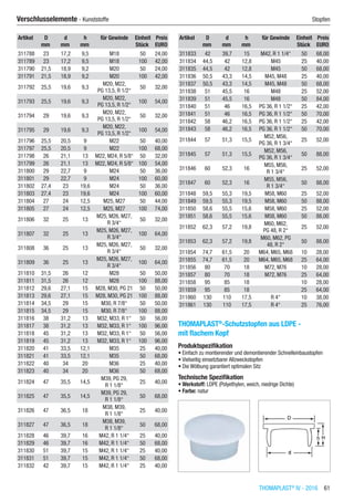 THOMAPLAST®
IV - 2016  61
Verschlusselemente - Kunststoffe	 Stopfen
Artikel D d h für Gewinde Einheit Preis
​ mm mm mm ​ Stück EURO
311788 23 17,2 9,5 M18 50 24,00
311789 23 17,2 9,5 M18 100 42,00
311790 21,5 18,9 9,2 M20 50 24,00
311791 21,5 18,9 9,2 M20 100 42,00
311792 25,5 19,6 9,3
M20, M22,
PG 13,5, R 1/2“
50 32,00
311793 25,5 19,6 9,3
M20, M22,
PG 13,5, R 1/2“
100 54,00
311794 29 19,6 9,3
M20, M22,
PG 13,5, R 1/2“
50 32,00
311795 29 19,6 9,3
M20, M22,
PG 13,5, R 1/2“
100 54,00
311796 25,5 20,5 9 M22 50 40,00
311797 25,5 20,5 9 M22 100 68,00
311798 26 21,1 13 M22, M24, R 5/8“ 50 32,00
311799 26 21,1 13 M22, M24, R 5/8“ 100 54,00
311800 29 22,7 9 M24 50 36,00
311801 29 22,7 9 M24 100 60,00
311802 27,4 23 19,6 M24 50 36,00
311803 27,4 23 19,6 M24 100 60,00
311804 27 24 12,5 M25, M27 50 44,00
311805 27 24 12,5 M25, M27 100 74,00
311806 32 25 13
M25, M26, M27,
R 3/4“
50 32,00
311807 32 25 13
M25, M26, M27,
R 3/4“
100 64,00
311808 36 25 13
M25, M26, M27,
R 3/4“
50 32,00
311809 36 25 13
M25, M26, M27,
R 3/4“
100 64,00
311810 31,5 26 12 M28 50 50,00
311811 31,5 26 12 M28 100 88,00
311812 29,6 27,1 15 M28, M30, PG 21 50 50,00
311813 29,6 27,1 15 M28, M30, PG 21 100 88,00
311814 34,5 29 15 M30, R 7/8“ 50 50,00
311815 34,5 29 15 M30, R 7/8“ 100 88,00
311816 38 31,2 13 M32, M33, R 1“ 50 56,00
311817 38 31,2 13 M32, M33, R 1“ 100 96,00
311818 45 31,2 13 M32, M33, R 1“ 50 56,00
311819 45 31,2 13 M32, M33, R 1“ 100 96,00
311820 41 33,5 12,1 M35 25 40,00
311821 41 33,5 12,1 M35 50 68,00
311822 40 34 20 M36 25 40,00
311823 40 34 20 M36 50 68,00
311824 47 35,5 14,5
M39, PG 29,
R 1 1/8“
25 40,00
311825 47 35,5 14,5
M39, PG 29,
R 1 1/8“
50 68,00
311826 47 36,5 18
M38, M39,
R 1 1/8“
25 40,00
311827 47 36,5 18
M38, M39,
R 1 1/8“
50 68,00
311828 46 39,7 16 M42, R 1 1/4“ 25 40,00
311829 46 39,7 16 M42, R 1 1/4“ 50 68,00
311830 51 39,7 15 M42, R 1 1/4“ 25 40,00
311831 51 39,7 15 M42, R 1 1/4“ 50 68,00
311832 42 39,7 15 M42, R 1 1/4“ 25 40,00
Artikel D d h für Gewinde Einheit Preis
​ mm mm mm ​ Stück EURO
311833 42 39,7 15 M42, R 1 1/4“ 50 68,00
311834 44,5 42 12,8 M45 25 40,00
311835 44,5 42 12,8 M45 50 68,00
311836 50,5 43,3 14,5 M45, M48 25 40,00
311837 50,5 43,3 14,5 M45, M48 50 68,00
311838 51 45,5 16 M48 25 52,00
311839 51 45,5 16 M48 50 84,00
311840 51 46 16,5 PG 36, R 1 1/2“ 25 42,00
311841 51 46 16,5 PG 36, R 1 1/2“ 50 70,00
311842 58 46,2 16,5 PG 36, R 1 1/2“ 25 42,00
311843 58 46,2 16,5 PG 36, R 1 1/2“ 50 70,00
311844 57 51,3 15,5
M52, M56,
PG 36, R 1 3/4“
25 52,00
311845 57 51,3 15,5
M52, M56,
PG 36, R 1 3/4“
50 88,00
311846 60 52,3 16
M55, M56,
R 1 3/4“
25 52,00
311847 60 52,3 16
M55, M56,
R 1 3/4“
50 88,00
311848 59,5 55,3 19,5 M58, M60 25 52,00
311849 59,5 55,3 19,5 M58, M60 50 88,00
311850 58,6 55,5 15,6 M58, M60 25 52,00
311851 58,6 55,5 15,6 M58, M60 50 88,00
311852 62,3 57,2 19,8
M60, M62,
PG 48, R 2“
25 52,00
311853 62,3 57,2 19,8
M60, M62, PG
48, R 2“
50 88,00
311854 74,7 61,5 20 M64, M65, M68 10 28,00
311855 74,7 61,5 20 M64, M65, M68 25 64,00
311856 80 70 18 M72, M76 10 28,00
311857 80 70 18 M72, M76 25 64,00
311858 95 85 18 ​ 10 28,00
311859 95 85 18 ​ 25 64,00
311860 130 110 17,5 R 4“ 10 38,00
311861 130 110 17,5 R 4“ 25 76,00
THOMAPLAST®
-Schutzstopfen aus LDPE -
mit flachem Kopf
Produktspezifikation
•	Einfach zu montierender und demontierender Schnelleinbaustopfen
•	Vielseitig einsetzbarer Allzweckstopfen
•	Die Wölbung garantiert optimalen Sitz
Technische Spezifikation
•	Werkstoff: LDPE (Polyethylen, weich, niedrige Dichte)
•	Farbe: natur​​
 