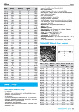 THOMAPLAST®
IV - 2016  89
Artikel Innen-Ø Schnur-Ø Einheit Preis
​ mm mm Stück EURO
409819 47,22 3,53 20 302,00
409938 10,46 5,33 10 146,00
409939 10,46 5,33 20 248,00
409940 12,07 5,33 10 146,00
409941 12,07 5,33 20 248,00
409942 13,64 5,33 10 146,00
409943 13,64 5,33 20 248,00
409944 15,24 5,33 10 146,00
409945 15,24 5,33 20 248,00
409946 16,81 5,33 10 164,00
409947 16,81 5,33 20 282,00
409948 18,42 5,33 10 164,00
409949 18,42 5,33 20 282,00
409950 19,99 5,33 10 164,00
409951 19,99 5,33 20 282,00
409952 21,59 5,33 10 164,00
409953 21,59 5,33 20 282,00
409954 23,16 5,33 10 164,00
409955 23,16 5,33 20 282,00
409956 24,77 5,33 10 164,00
409957 24,77 5,33 20 282,00
409958 26,34 5,33 10 164,00
409959 26,34 5,33 20 282,00
409960 27,94 5,33 5 132,00
409961 27,94 5,33 10 232,00
409962 29,51 5,33 5 132,00
409963 29,51 5,33 10 232,00
409964 31,12 5,33 5 132,00
409965 31,12 5,33 10 232,00
409966 32,69 5,33 5 132,00
409967 32,69 5,33 10 232,00
409968 34,29 5,33 5 144,00
409969 34,29 5,33 10 252,00
409970 37,47 5,33 5 144,00
409971 37,47 5,33 10 252,00
409972 40,64 5,33 5 144,00
409973 40,64 5,33 10 252,00
409974 43,82 5,33 5 144,00
409975 43,82 5,33 10 252,00
409976 46,99 5,33 5 156,00
409977 46,99 5,33 10 271,00
Silikon-O-Ringe
THOMAPLAST®
-Silikon-O-Ringe
•	Gut einsetzbar:
Mineralölen, Fetten und Wachsen (d.h. auch Motoröle), ätherischen
Ölen, hohen Temperaturbereichen.
•	Nicht einsetzbar:
Konz. Säuren (z.B. Salpetersäure,Ameisensäure), konz. oxidierenden
Medien (z.B. Peressigsäure),Wasserdampf über +120 °C, Estern und
Ethern,Aromatischen Kohlenwasserstoffe.
•	Sehr elastisches Silikon-Compound
•	Mechanische Eigenschaften verändern sich auch bei höchster Tempe-
raturbelastung nicht
•	Ausgezeichnete Wärme- und Hitzebeständigkeit
•	Beste Kältebeständigkeit
•	Sehr gute Witterungs-,Alterungs- und Ozonbeständigkeit
•	Dieser Werkstoff quillt nicht, verliert aber unter falschem Medienein-
fluss an Härte und Zugfestigkeit
•	Große Gasdurchlässigkeit
•	Sehr gute physiologische Eigenschaften
•	Sehr gute dielektrische Eigenschaften
•	Gute Beständigkeit gegenüber synthetischen, tierischen und pflanz-
lichen Ölen, Glykolen, schwer entflammbaren Hydraulikflüssigkeiten,
verschiedenen Lösemitteln
•	Werkstoff: Silikon (Vinyl-Methyl-Silikon-Kautschuk)
•	Farbe: rot-braun
•	Vernetzung: peroxidisch
•	Shore-Härte A: 70° ±5° (Messung an der Prüfplatte) (DIN 53505)
•	Temperaturbereich: -55 bis +200 °C
•	Dichte: 1,33 ±0,02 g/cm3
(DIN EN ISO 1183)
•	Zugfestigkeit: 5,6 N/mm2
(DIN 53504 S2)
•	Bruchdehnung: 209 % (DIN 53504 S2)
•	Druckverformungsrest: 20 % bei +175 °C / 22 h / 25 % (ASTM D 395 B)
•	Regelwerk:
Für die Lebensmittelindustrie: FDA konform (CFR 21 §177.2600)
THOMAPLAST®
-Silikon-O-Ringe - metrisch​​
Artikel Innen
Ø
Toleranz
Innen-Ø
Schnur
Ø
Toleranz
Schnur-Ø
Einheit Preis
​ mm mm mm mm Stück EURO
403032 12 ±0,19 3,5 ±0,10 10 110,00
403033 12 ±0,19 3,5 ±0,10 20 184,00
403034 16 ±0,20 3,5 ±0,10 10 110,00
403035 16 ±0,20 3,5 ±0,10 20 184,00
403036 18 ±0,21 3,5 ±0,10 10 110,00
403037 18 ±0,21 3,5 ±0,10 20 184,00
403038 20 ±0,22 3,5 ±0,10 10 116,00
403039 20 ±0,22 3,5 ±0,10 20 162,00
403040 22 ±0,24 3,5 ±0,10 10 116,00
403041 22 ±0,24 3,5 ±0,10 20 162,00
403042 26 ±0,26 3,5 ±0,10 10 116,00
403043 26 ±0,26 3,5 ±0,10 20 162,00
403044 28 ±0,28 3,5 ±0,10 5 108,00
403045 28 ±0,28 3,5 ±0,10 10 188,00
403046 32 ±0,32 5 ±0,13 5 108,00
403047 32 ±0,32 5 ±0,13 10 188,00
403048 34 ±0,33 5 ±0,13 5 108,00
403049 34 ±0,33 5 ±0,13 10 188,00
403050 40 ±0,38 5 ±0,13 5 108,00
403051 40 ±0,38 5 ±0,13 10 188,00
403052 40,5 ±0,39 5 ±0,13 5 108,00
403053 40,5 ±0,39 5 ±0,13 10 188,00
O-Ringe	 Silikon
 