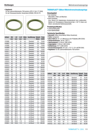 THOMAPLAST®
V - 2016  111
Dichtungen	 Milchrohr­verschraubungsringe
•	Regelwerk:
Für die Lebensmittelindustrie: FDA konform (CFR 21 Part 177.2600)
Für die Trinkwasserindustrie: Deutschland (DVGW); KTW,W 270​​
Artikel DN I-Ø A-Ø Höhe Ausführung Einheit Preis
​ mm mm mm mm ​ Stück EURO
410606 10 12 20 4,5 Standard 10 76,00
410607 10 12 20 4,5 Standard 20 126,00
410608 15 18 26 4,5 Standard 10 78,00
410609 15 18 26 4,5 Standard 20 130,00
410610 20 23 33 4,5 Standard 10 78,00
410611 20 23 33 4,5 Standard 20 130,00
410612 25 30 40 5 Standard 10 80,00
410613 25 30 40 5 Standard 20 134,00
410614 32 36 46 5 Standard 5 56,00
410615 32 36 46 5 Standard 10 94,00
410616 40 42 52 5 Standard 5 62,00
410617 40 42 52 5 Standard 10 104,00
410618 50 54 64 5 Standard 5 80,00
410619 50 54 64 5 Standard 10 196,00
410620 65 71 81 5 Standard 5 106,00
410621 65 71 81 5 Standard 10 176,00
410622 75 78 88 5 Standard 5 142,00
410623 75 78 88 5 Standard 10 222,00
410624 80 85 95 5 Standard 5 122,00
410625 80 85 95 5 Standard 10 198,00
410626 100 104 114 5 Standard 5 144,00
410627 100 104 114 5 Standard 10 224,00
410632 10 10,5 20 5 mit Bund 5 132,00
410633 10 10,5 20 5 mit Bund 10 86,00
410634 15 16,5 26 5 mit Bund 5 146,00
410635 15 16,5 26 5 mit Bund 10 92,00
410636 20 20,5 33 5 mit Bund 5 154,00
410637 20 20,5 33 5 mit Bund 10 94,00
410638 25 26,5 40 6 mit Bund 5 160,00
410639 25 26,5 40 6 mit Bund 10 104,00
410640 32 32,5 46 6 mit Bund 5 176,00
410641 32 32,5 46 6 mit Bund 10 118,00
410642 40 38,5 52 6 mit Bund 5 198,00
410643 40 38,5 52 6 mit Bund 10 198,00
410644 50 50,5 64 6 mit Bund 5 128,00
410645 50 50,5 64 6 mit Bund 10 210,00
410646 65 66,5 81 6 mit Bund 5 132,00
410647 65 66,5 81 6 mit Bund 10 212,00
410648 80 81,5 95 6 mit Bund 5 164,00
410649 80 81,5 95 6 mit Bund 10 256,00
410650 100 100,5 114 6 mit Bund 5 194,00
410651 100 100,5 114 6 mit Bund 10 263,00
THOMAPLAST®
-Silikon-Milchrohrverschraubungsringe
Einsatzgebiet
•	Gut einsetzbar:
Mineralölen, Fetten und Wachsen.
•	Nicht einsetzbar:
Konz. Säuren (z.B. Salpetersäure,Ameisensäure); konz. oxidierenden
Medien (z.B. Peressigsäure); Wasserdampf über +120 °C; Estern und
Ethern; aromatischen Kohlenwasserstoffe.
Produktspezifikation
•	Lebensmittelqualität
•	Gute Kälteflexibilität
Technische Spezifikation
•	Werkstoff: Silikon (Vinyl-Methyl-Silikon-Kautschuk)
•	Farbe: transparent
•	Shore-Härte A: 70° ±5° (Messung an der Prüfplatte) (DIN 53505)
•	Temperaturbereich: -60 bis +200 °C
•	Spannungswert: 5,2 N/mm2
(DIN 53504)
•	Zugfestigkeit: 7,2 N/mm2
(DIN 53504)
•	Reißdehnung: 257 % (DIN 53504)
•	Druckverformungsrest: 29 % bei +175 °C / 22 h (ASTM D395)
•	Regelwerk: Für die Lebensmittelindustrie: FDA konform​​
Artikel DN I-Ø A-Ø Höhe Ausführung Einheit Preis
​ mm mm mm mm ​ Stück EURO
410726 10 12 20 4,5 Standard 10 30,00
410727 10 12 20 4,5 Standard 20 52,00
410728 15 18 26 4,5 Standard 10 34,00
410729 15 18 26 4,5 Standard 20 58,00
410730 20 23 33 4,5 Standard 10 36,00
410731 20 23 33 4,5 Standard 20 62,00
410732 25 30 40 5 Standard 10 38,00
410733 25 30 40 5 Standard 20 64,00
410734 32 36 46 5 Standard 10 42,00
410735 32 36 46 5 Standard 20 72,00
410736 40 42 52 5 Standard 10 48,00
410737 40 42 52 5 Standard 20 82,00
410738 50 54 64 5 Standard 10 58,00
410739 50 54 64 5 Standard 20 98,00
410740 65 71 81 5 Standard 5 44,00
410741 65 70 81 5 Standard 10 76,00
410742 75 78 88 5 Standard 5 92,00
410743 75 78 88 5 Standard 10 158,00
410744 80 85 95 5 Standard 5 54,00
410745 80 85 95 5 Standard 10 92,00
410746 100 104 114 5 Standard 5 78,00
410747 100 104 114 5 Standard 10 136,00
410752 10 10,5 20 5 mit Bund 10 40,00
410753 10 10,5 20 5 mit Bund 20 62,00
 