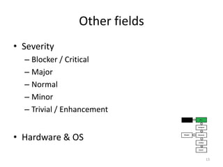 Other fieldsSeverity Blocker / Critical Major Normal Minor Trivial / EnhancementHardware & OS13