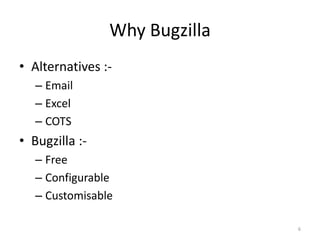 Why BugzillaAlternatives :-EmailExcelCOTSBugzilla :-FreeConfigurableCustomisable6