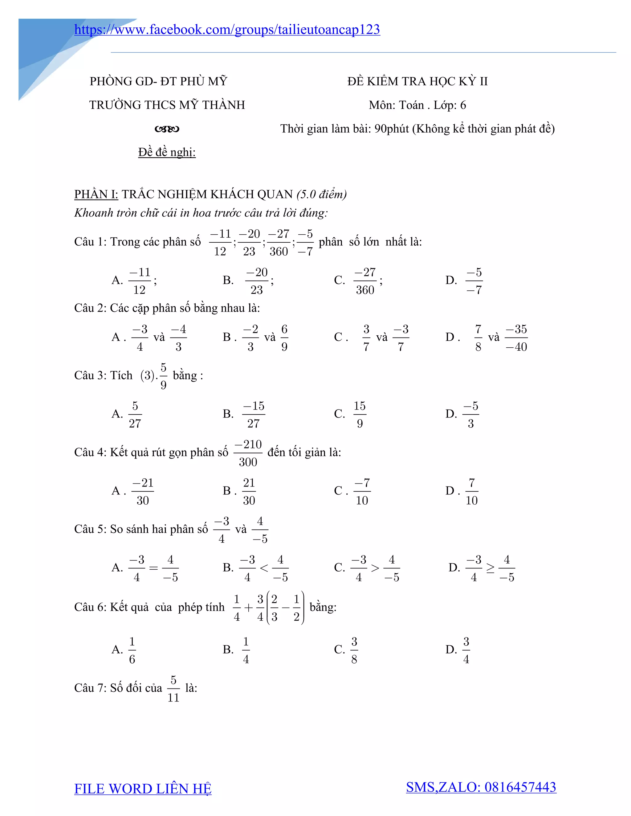 đề toán 6 học kì 2 các trường Hà Nội | PDF