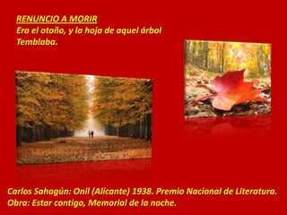 RENUNCIO A MORIR
  Era el otoño, y la hoja de aquel árbol
  Temblaba.




Carlos Sahagún: Onil (Alicante) 1938. Premio Nacional de Literatura.
Obra: Estar contigo, Memorial de la noche.
 