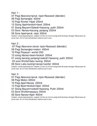 Hari 1 :
07 Pagi Aloevera+jeruk nipis+flaxseed (blender)
08 Pagi Semangka 400ml
10 Pagi Wortel +Apel 250ml
12 Siang Apel+brokoli+beet 200ml
01 Siang Bayam+Seledri+bawang putih 200ml
03 Sore. Nenas+kacang panjang 250ml
06 Sore Apel+jeruk nipis 300ml
Catatan: untuksepanjang hari, siapkan 1,5 liter air minum yang telah dicampur dengan 150 perasan air
jeruk nipis. Air ini harus dihabiskan sebelum jam 5 sore.
Hari 2 :
07 Pagi Aloevera+Jeruk nipis+flaxseed (blender)
08 Pagi Semangka+melon 400ml
10 Pagi Pepaya+ wortel 250
12 siang Nanas+beet+brokoli 200ml
01 siang kacang panjang+seledri+bawang putih 200ml
03 sore Wortel+labu kuning 300ml
06 Sore Labu kuning+nanas+wortel 400ml
Catatan: untuksepanjang hari, siapkan 1,5 liter air minum yang telah dicampur dengan 150 perasan air
jeruk nipis. Air ini harus dihabiskan sebelum jam 5 sore.
Hari 3:
07 Pagi Aloevera+jeruk nipis+flaxseed (blender)
08 Pagi Melon 400ml
10 Pagi Apel+Nanas 250ml
12 Pagi Beet+brokoli+Apel 200ml
01 Siang Bayam+seledri+bawang Putih 250ml
03 Sore Wortel+pepaya 300ml
06 Sore Nanas+Apel 400ml
Catatan: untuksepanjang hari, siapkan 1,5 liter air minum yang telah dicampur dengan 150 perasan air
jeruk nipis. Air ini harus dihabiskan sebelum jam 5 sore.
 