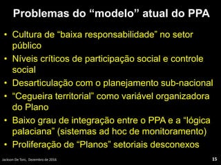 Problemas do “modelo” atual do PPA
• Cultura de “baixa responsabilidade” no setor
público
• Níveis críticos de participação social e controle
social
• Desarticulação com o planejamento sub-nacional
• “Cegueira territorial” como variável organizadora
do Plano
• Baixo grau de integração entre o PPA e a “lógica
palaciana” (sistemas ad hoc de monitoramento)
• Proliferação de “Planos” setoriais desconexos
Jackson De Toni, Dezembro de 2016 15
 