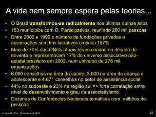 A vida nem sempre espera pelas teorias...
• O Brasil transformou-se radicalmente nos últimos quinze anos
• 153 municípios com O. Participativos, reunindo 200 mil pessoas
• Entre 2002 e 1996 o número de fundações privadas e
associações sem fins lucrativos cresceu 157%
• Mais de 70% das ONGs atuais foram criadas na década de
noventa e representavam 17% do universo associativo não-
estatal brasileiro em 2002, num universo de 276 mil
organizações
• 6.000 conselhos na área da saúde, 3.000 na área da criança e
adolescente e 4.671 conselhos no setor de assistência social
• 44% no sudoeste e 23% na região sul => forte correlação entre
nível de desenvolvimento e grau de associativismo
• Dezenas de Conferências Nacionais temáticas com milhões de
pessoas
Jackson De Toni, Dezembro de 2016 25
 