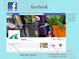 facebook
                                                     perhaps each week
                                                     or bi-weekly
                                                     feature another
                                                     product as the
                                                     cover picture.




add store hours      for all the bikers out there,
                     we can bring in more fans!
 