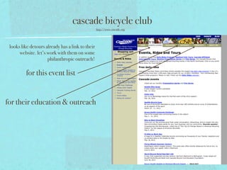 cascade bicycle club
                                                  http://www.cascade.org




 looks like detours already has a link to their
      website. let’s work with them on some
                     philanthropic outreach!

         for this event list


for their education & outreach
 