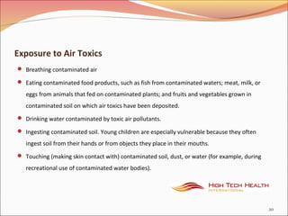 Exposure to Air Toxics
 Breathing contaminated air
 Eating contaminated food products, such as fish from contaminated waters; meat, milk, or
eggs from animals that fed on contaminated plants; and fruits and vegetables grown in
contaminated soil on which air toxics have been deposited.
 Drinking water contaminated by toxic air pollutants.
 Ingesting contaminated soil. Young children are especially vulnerable because they often
ingest soil from their hands or from objects they place in their mouths.
 Touching (making skin contact with) contaminated soil, dust, or water (for example, during
recreational use of contaminated water bodies).
20
 