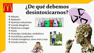 ¿De qué debemos 
desintoxicarnos? 
 Metales 
 Radiación 
 Químicos Industriales 
 Comida Alergénica 
 Medicinas y drogas 
 Estrés 
 Pesticidas, herbicidas, antibióticos 
 Cosméticos y perfumes 
 Comida transgénica, como maíz y soya 
 Comida chatarra 
 