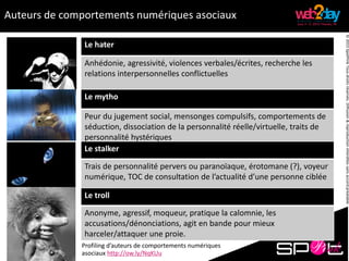 ©2015SpotPinkTousdroitsréservés.Diffusion&reproductioninterditessansaccordpréalable.
Profiling d’auteurs de comportements numériques
asociaux http://ow.ly/NqKUu
Le hater
Anhédonie, agressivité, violences verbales/écrites, recherche les
relations interpersonnelles conflictuelles
Le mytho
Peur du jugement social, mensonges compulsifs, comportements de
séduction, dissociation de la personnalité réelle/virtuelle, traits de
personnalité hystériques
Le stalker
Trais de personnalité pervers ou paranoïaque, érotomane (?), voyeur
numérique, TOC de consultation de l’actualité d’une personne ciblée
Le troll
Anonyme, agressif, moqueur, pratique la calomnie, les
accusations/dénonciations, agit en bande pour mieux
harceler/attaquer une proie.
Auteurs de comportements numériques asociaux
 