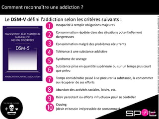 ©2015SpotPinkTousdroitsréservés.Diffusion&reproductioninterditessansaccordpréalable.
Comment reconnaître une addiction ?
Incapacité à remplir obligations majeures
Consommation répétée dans des situations potentiellement
dangereuses
Consommation malgré des problèmes récurrents
Tolérance à une substance addictive
Syndrome de sevrage
Substance prise en quantité supérieure ou sur un temps plus court
que prévu
Temps considérable passé à se procurer la substance, la consommer
ou récupérer de ses efforts
Abandon des activités sociales, loisirs, etc.
Désir persistent ou efforts infructueux pour se contrôler
Craving
(désir et besoin irrépressible de consommer)
Le DSM-V défini l'addiction selon les critères suivants :
 