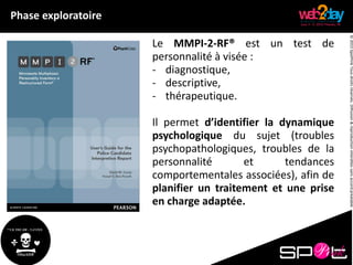©2015SpotPinkTousdroitsréservés.Diffusion&reproductioninterditessansaccordpréalable.
Phase exploratoire
Le MMPI-2-RF® est un test de
personnalité à visée :
- diagnostique,
- descriptive,
- thérapeutique.
Il permet d’identifier la dynamique
psychologique du sujet (troubles
psychopathologiques, troubles de la
personnalité et tendances
comportementales associées), afin de
planifier un traitement et une prise
en charge adaptée.
 