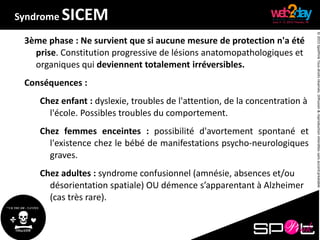 ©2015SpotPinkTousdroitsréservés.Diffusion&reproductioninterditessansaccordpréalable.
3ème phase : Ne survient que si aucune mesure de protection n'a été
prise. Constitution progressive de lésions anatomopathologiques et
organiques qui deviennent totalement irréversibles.
Conséquences :
Chez enfant : dyslexie, troubles de l'attention, de la concentration à
l'école. Possibles troubles du comportement.
Chez femmes enceintes : possibilité d'avortement spontané et
l'existence chez le bébé de manifestations psycho-neurologiques
graves.
Chez adultes : syndrome confusionnel (amnésie, absences et/ou
désorientation spatiale) OU démence s’apparentant à Alzheimer
(cas très rare).
Syndrome SICEM
 
