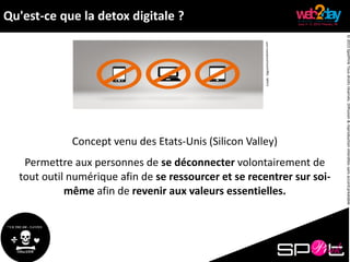 ©2015SpotPinkTousdroitsréservés.Diffusion&reproductioninterditessansaccordpréalable.
Qu'est-ce que la detox digitale ?
Concept venu des Etats-Unis (Silicon Valley)
Permettre aux personnes de se déconnecter volontairement de
tout outil numérique afin de se ressourcer et se recentrer sur soi-
même afin de revenir aux valeurs essentielles.
 