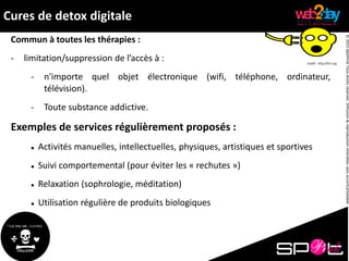 ©2015SpotPinkTousdroitsréservés.Diffusion&reproductioninterditessansaccordpréalable.
Cures de detox digitale
Commun à toutes les thérapies :
- limitation/suppression de l’accès à :
- n'importe quel objet électronique (wifi, téléphone, ordinateur,
télévision).
- Toute substance addictive.
Exemples de services régulièrement proposés :
 Activités manuelles, intellectuelles, physiques, artistiques et sportives
 Suivi comportemental (pour éviter les « rechutes »)
 Relaxation (sophrologie, méditation)
 Utilisation régulière de produits biologiques
Crédit : http://tirl.org
 