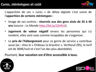 ©2015SpotPinkTousdroitsréservés.Diffusion&reproductioninterditessansaccordpréalable.
L'apparition de ces « cures » de détox digitale s'est suivie de
l'apparition de certains stéréotypes :
• Image de ces centres : réservés aux des gens aisés de 25 à 40
ans (source : Le Monde http://bit.ly/1DrlfvV).
• Jugement de valeur négatif envers les personnes qui s'y
rendent, elles sont vues comme incapables de s'organiser.
• Le prix de l'hébergement pour ce genre de service y contribue
aussi (ex : chez le « Château la Gravière », Vertheuil (95), le tarif
est de 304€/nuit et c'est l'un des plus abordable).
Pourtant, leur vocation est d'être accessible à tous.
Cures, stéréotypes et coût
 