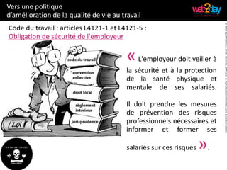 ©2015SpotPinkTousdroitsréservés.Diffusion&reproductioninterditessansaccordpréalable.
Vers une politique
d’amélioration de la qualité de vie au travail
Code du travail : articles L4121-1 et L4121-5 :
Obligation de sécurité de l'employeur
«L'employeur doit veiller à
la sécurité et à la protection
de la santé physique et
mentale de ses salariés.
Il doit prendre les mesures
de prévention des risques
professionnels nécessaires et
informer et former ses
salariés sur ces risques ».
 