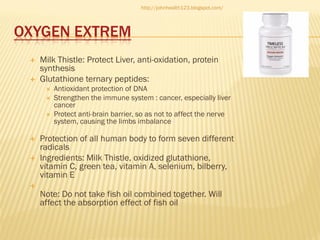 http://johnhealth123.blogspot.com/

OXYGEN EXTREM




Milk Thistle: Protect Liver, anti-oxidation, protein
synthesis
Glutathione ternary peptides:









Antioxidant protection of DNA
Strengthen the immune system : cancer, especially liver
cancer
Protect anti-brain barrier, so as not to affect the nerve
system, causing the limbs imbalance

Protection of all human body to form seven different
radicals
Ingredients: Milk Thistle, oxidized glutathione,
vitamin C, green tea, vitamin A, selenium, bilberry,
vitamin E
Note: Do not take fish oil combined together. Will
affect the absorption effect of fish oil

 