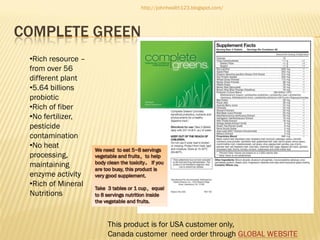 http://johnhealth123.blogspot.com/

COMPLETE GREEN
•Rich resource –
from over 56
different plant
•5.64 billions
probiotic
•Rich of fiber
•No fertilizer,
pesticide
contamination
•No heat
processing,
maintaining
enzyme activity
•Rich of Mineral
Nutritions

This product is for USA customer only,
Canada customer need order through GLOBAL WEBSITE

 