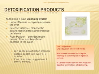 http://johnhealth123.blogspot.com/

DETOXIFICATION PRODUCTS
Nutriclean 7 days Cleansing System
 HepatoCleanse — capsules cleanse
the liver
 Release tablets — cleanse the
gastrointestinal tract and enhance
peristalsis
 Fiber Powder — provides much
needed fiber and beneficial
bacteria to the colon






Very gentle detoxification products
Suggest people take every 6~9
months
If eat morn meat, suggest use it
every 3 months.

This 7 days clean：
Like a big clean for our body inside.
After than we just need to do regular
cleaning by use aloe juice or digestive
enzyme.
In Canada we also can use Aloe Juice and
Digestive Enzyme to do a big cleaning.

 