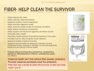 http://johnhealth123.blogspot.com/

FIBER- HELP CLEAN THE SURVIVOR















Helps cleanse the colon
Helps maintain balanced bowels
Supports healthy nutrient absorption
Helps maintain digestive health
Helps maintain proper levels of intestinal microflora
Helps relieve occasional constipation
Helps support normal bowel regularity and fecal volume
Promotes colon health
Promotes healthy growth of beneficial bacteria in the colon
Provides fuel for cells lining the small intestine
Supports healthy intestinal function
Supports overall health by helping to maintain normal
cholesterol levels, helping to maintain normal blood glucose
levels and promoting immune health

Probiotic Blend (Lactobacillus acidophilus, Lactobacillus
plantarum, Bifodobacterium bifidum, Lactobacillus casei)
1.5 billions

Intestinal health can’t live without fiber powder, probiotics,
Promote intestinal peristalsis need the probiotics.
Fiber like use a brush to clear the survivor. It also can help
repair and fix

 