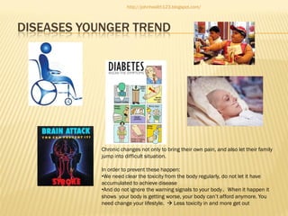 http://johnhealth123.blogspot.com/

DISEASES YOUNGER TREND

Chronic changes not only to bring their own pain, and also let their family
jump into difficult situation.
In order to prevent these happen:
•We need clear the toxicity from the body regularly, do not let it have
accumulated to achieve disease
•And do not ignore the warning signals to your body。When it happen it
shows your body is getting worse, your body can’t afford anymore. You
need change your lifestyle.  Less toxicity in and more get out

 