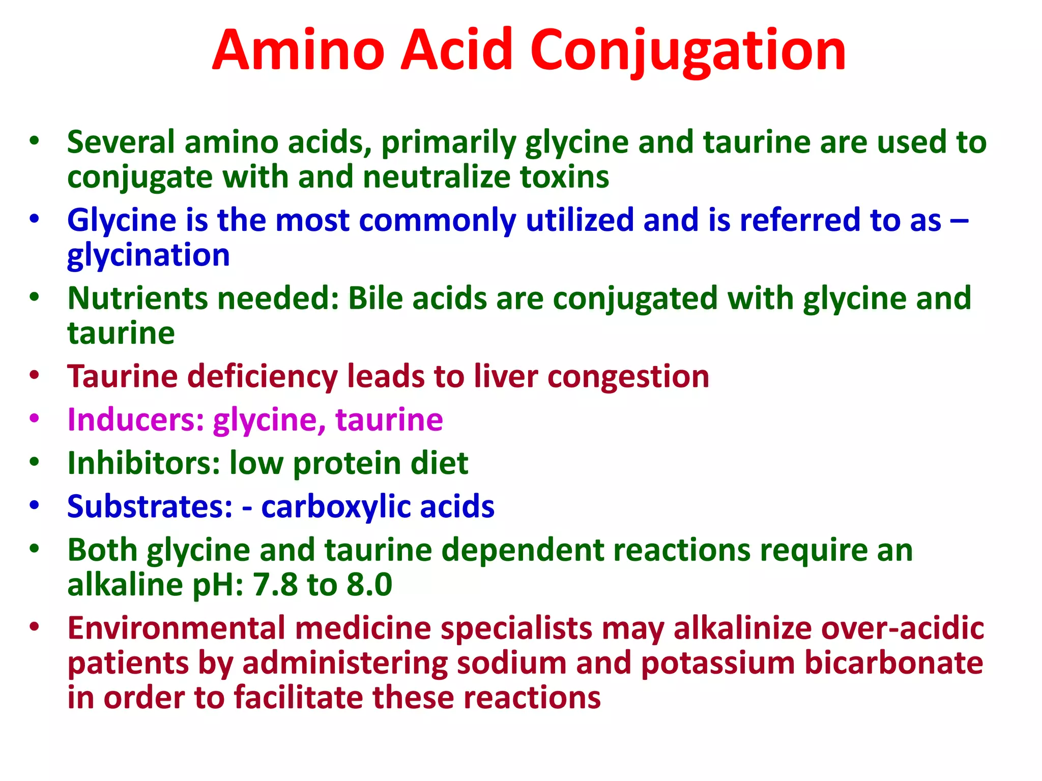 Amino Acid Conjugation
• Several amino acids, primarily glycine and taurine are used to
conjugate with and neutralize toxins
• Glycine is the most commonly utilized and is referred to as –
glycination
• Nutrients needed: Bile acids are conjugated with glycine and
taurine
• Taurine deficiency leads to liver congestion
• Inducers: glycine, taurine
• Inhibitors: low protein diet
• Substrates: - carboxylic acids
• Both glycine and taurine dependent reactions require an
alkaline pH: 7.8 to 8.0
• Environmental medicine specialists may alkalinize over-acidic
patients by administering sodium and potassium bicarbonate
in order to facilitate these reactions
 