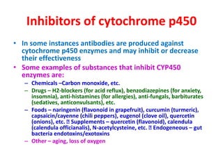 Inhibitors of cytochrome p450
• In some instances antibodies are produced against
cytochrome p450 enzymes and may inhibit or decrease
their effectiveness
• Some examples of substances that inhibit CYP450
enzymes are:
– Chemicals –Carbon monoxide, etc.
– Drugs – H2-blockers (for acid reflux), benzodiazepines (for anxiety,
insomnia), anti-histamines (for allergies), anti-fungals, barbiturates
(sedatives, anticonvulsants), etc.
– Foods – naringenin (flavonoid in grapefruit), curcumin (turmeric),
capsaicin/cayenne (chili peppers), eugenol (clove oil), quercetin
(onions), etc. Supplements – quercetin (flavonoid), calendula
(calendula officianalis), N-acetylcysteine, etc. Endogeneous – gut
bacteria endotoxins/exotoxins
– Other – aging, loss of oxygen
 