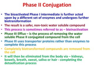 Phase II Conjugation
• The bioactivated Phase I intermediate is further acted
upon by a different set of enzymes and undergoes further
biotransformation
• The result is a safer, non-toxic water soluble compound
• This process is sometimes referred to as – bioinactivation
• Phase III Efflux – is the process of removing the water
soluble Phase II conjugated compound from the cell
• Phase III uses transporter proteins rather than enzymes to
complete this process
• Completely biotransformed compounds are removed from
the cell
• It will then be eliminated from the body via – kidneys,
bowels, breath, sweat, saliva or hair - completing the
detoxification process
 