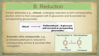 B. Reduction
Certain aldehydes e.g., chloral, undergoes reduction to form corresponding
alcohol, which is then conjugated with D-glucuronic acid & excreted as
corresponding glucuronides.
Aromatic nitro compounds, e.g.,
p-nitrobenzaldehyde is reduced to
corresponding amines & excreted after
conjugation
 