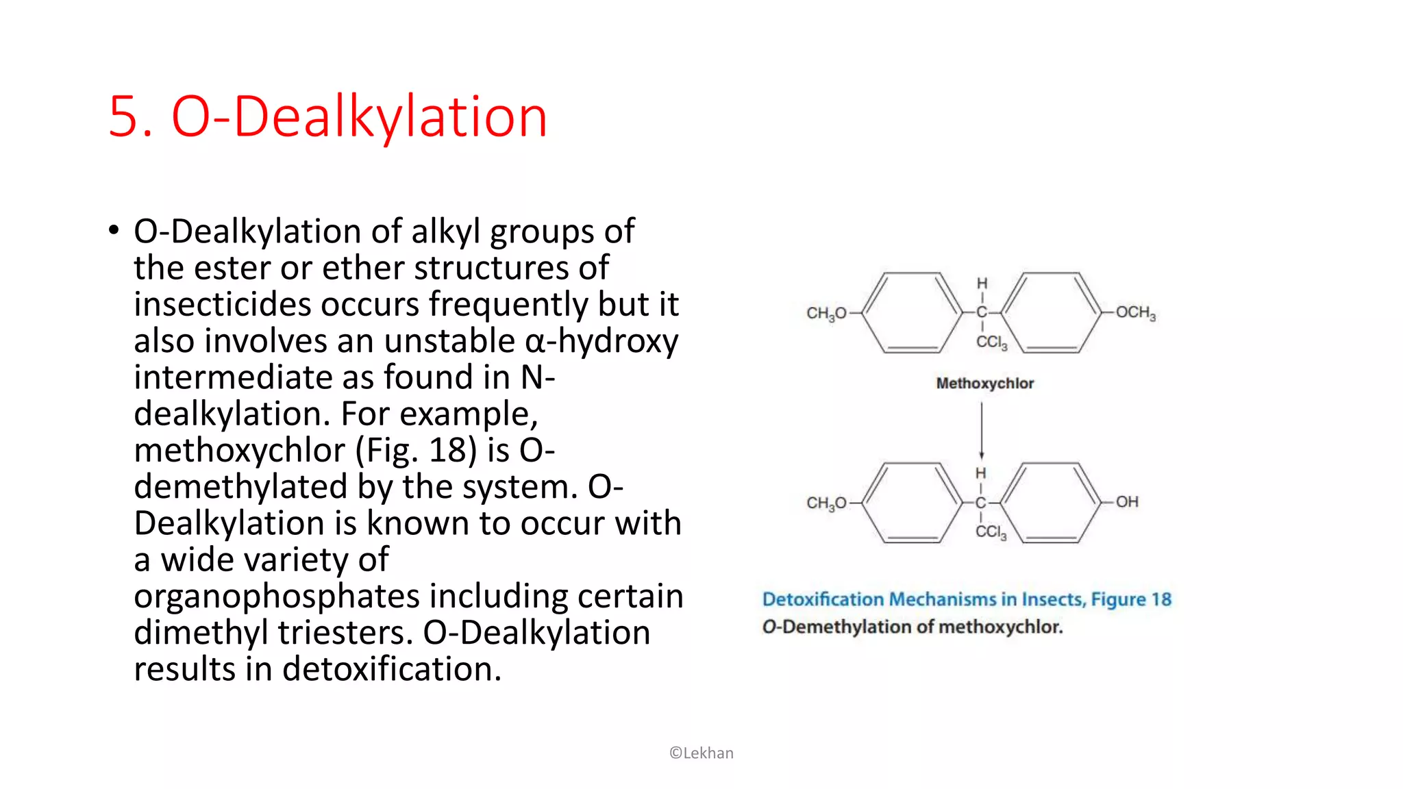 5. O-Dealkylation
• O-Dealkylation of alkyl groups of
the ester or ether structures of
insecticides occurs frequently but it
also involves an unstable α-hydroxy
intermediate as found in N-
dealkylation. For example,
methoxychlor (Fig. 18) is O-
demethylated by the system. O-
Dealkylation is known to occur with
a wide variety of
organophosphates including certain
dimethyl triesters. O-Dealkylation
results in detoxification.
©Lekhan
 