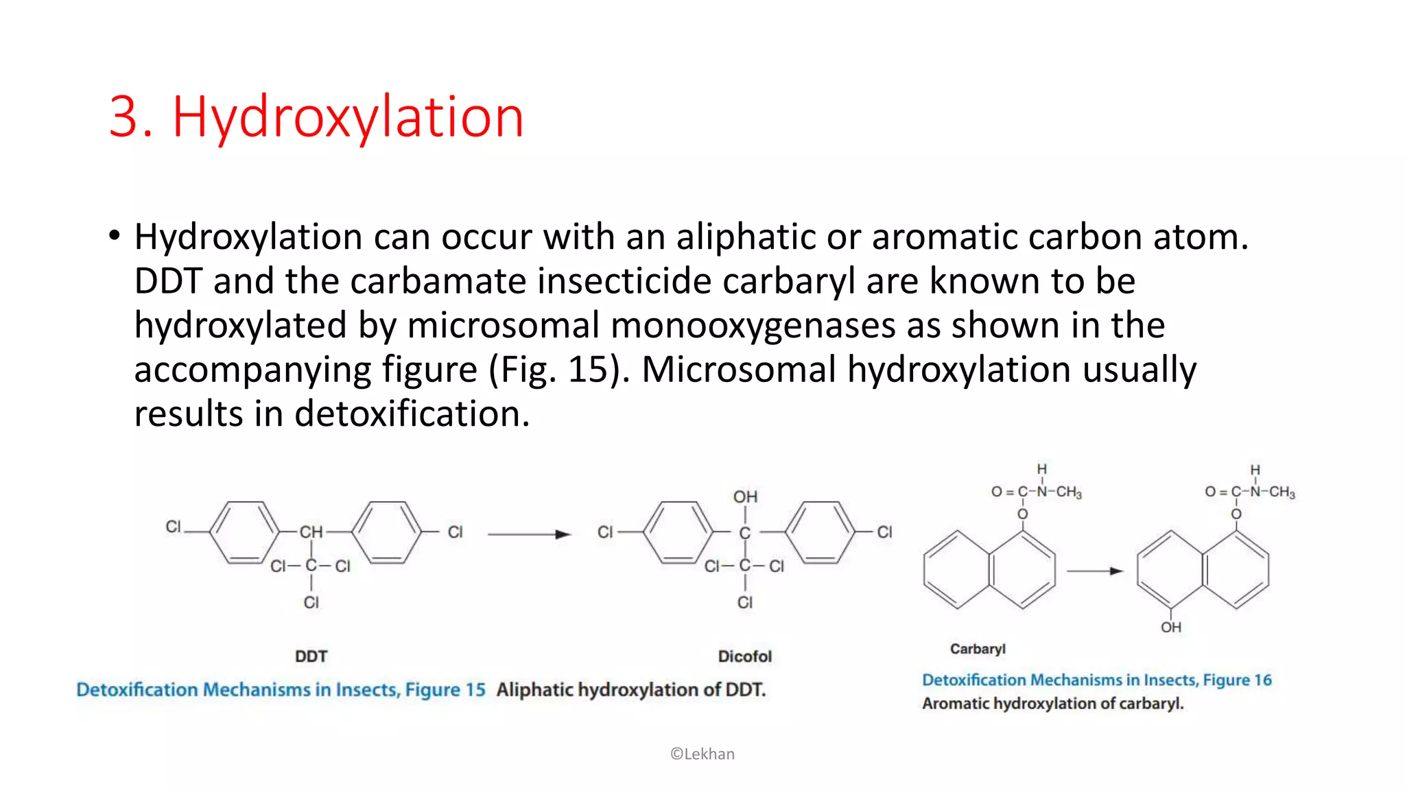 3. Hydroxylation
• Hydroxylation can occur with an aliphatic or aromatic carbon atom.
DDT and the carbamate insecticide carbaryl are known to be
hydroxylated by microsomal monooxygenases as shown in the
accompanying figure (Fig. 15). Microsomal hydroxylation usually
results in detoxification.
©Lekhan
 
