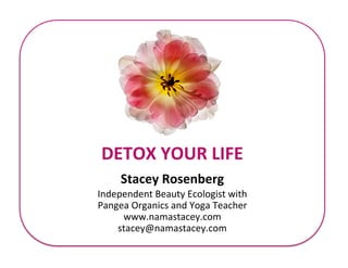 Stacey	
  Rosenberg	
  
Independent	
  Beauty	
  Ecologist	
  with	
  	
  
Pangea	
  Organics	
  and	
  Yoga	
  Teacher	
  
www.namastacey.com	
  
stacey@namastacey.com	
  
DETOX	
  YOUR	
  LIFE	
  
 