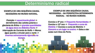 Determinismo radical
EXEMPLO DE UMA SEQUÊNCIA CAUSAL
NECESSÁRIA NO MUNDO NATURAL.
Poluição -> aquecimento global ->
derretimento das calotes polares e
glaciares do Ártico -> grandes quantidades
de água doce no Atlântico Norte ->
interrupção da Corrente do Golfo -> Menos
água quente a circular para o norte ->
Invernos extremamente rigorosos na
Europa.
EXEMPLO DE UMA SEQUÊNCIA CAUSAL
NECESSÁRIA – NA PERSPECTIVA DETERMINISTA
RADICAL - NO MUNDO HUMANO.
Concluo o 9º ano -> Frequento Humanidades ->
Concluo o 12º ano -> Frequento o curso de
História -> Concluo o curso de História ->
Concorro a um lugar no ensino -> Estou a dar
aulas num liceu do Porto.
 